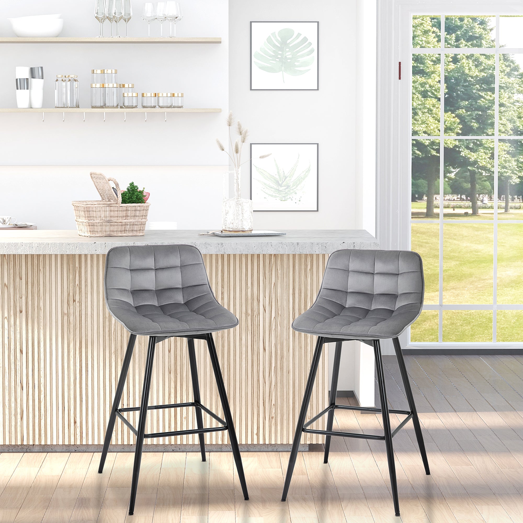 Set of 2 Bar Stools Velvet-Touch Dining Chairs Kitchen Counter Chairs Fabric Upholstered seat with Metal Legs, Backrest, Grey