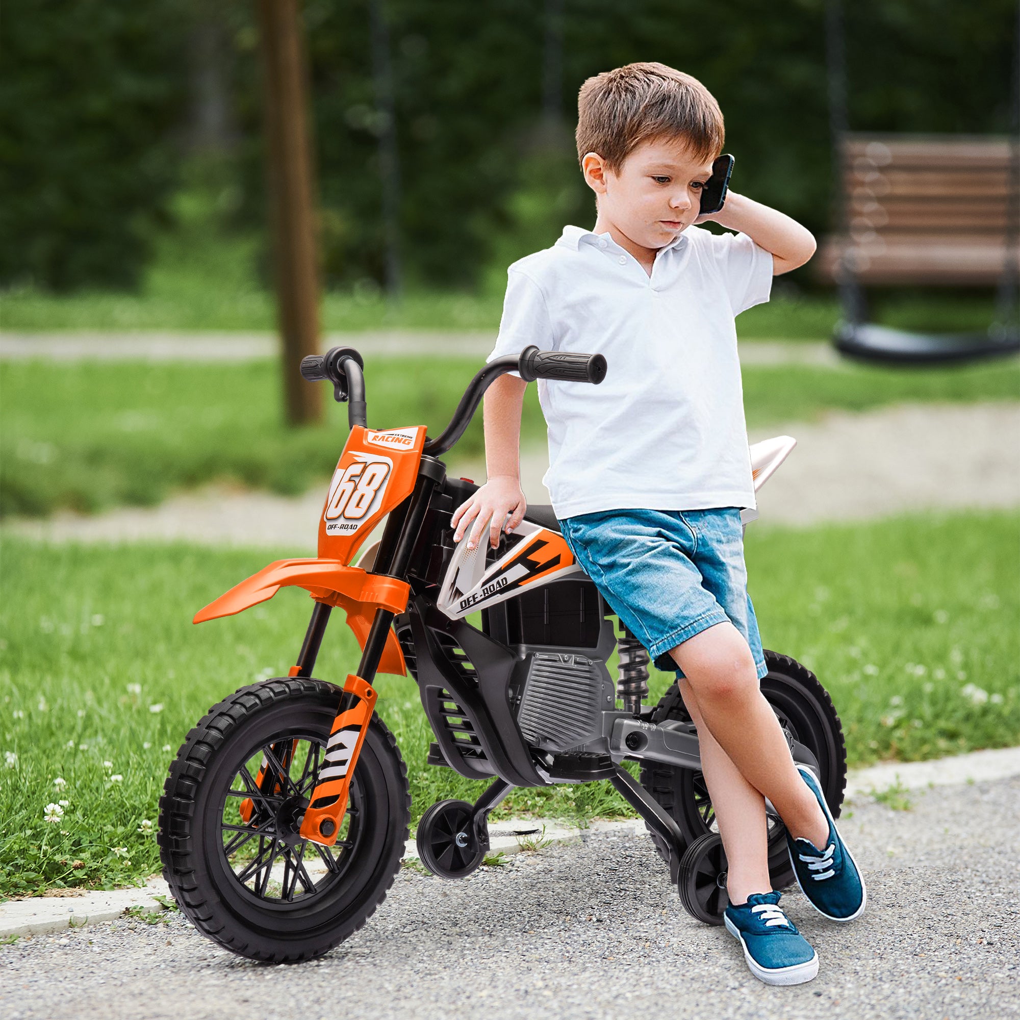 12V Kids Electric Motorbike, Kids Electric Ride on Motorcycle w/ Twist Grip Throttle, Training Wheels - Orange