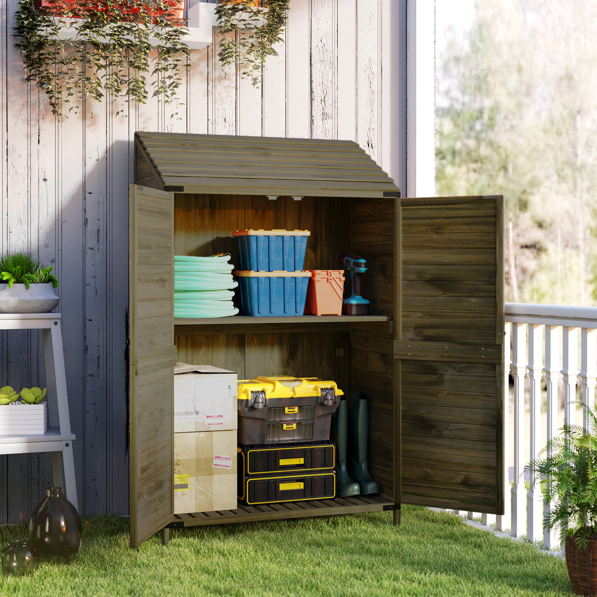 Two-Tier Wooden Garden Storage Shed with Shelves - Green