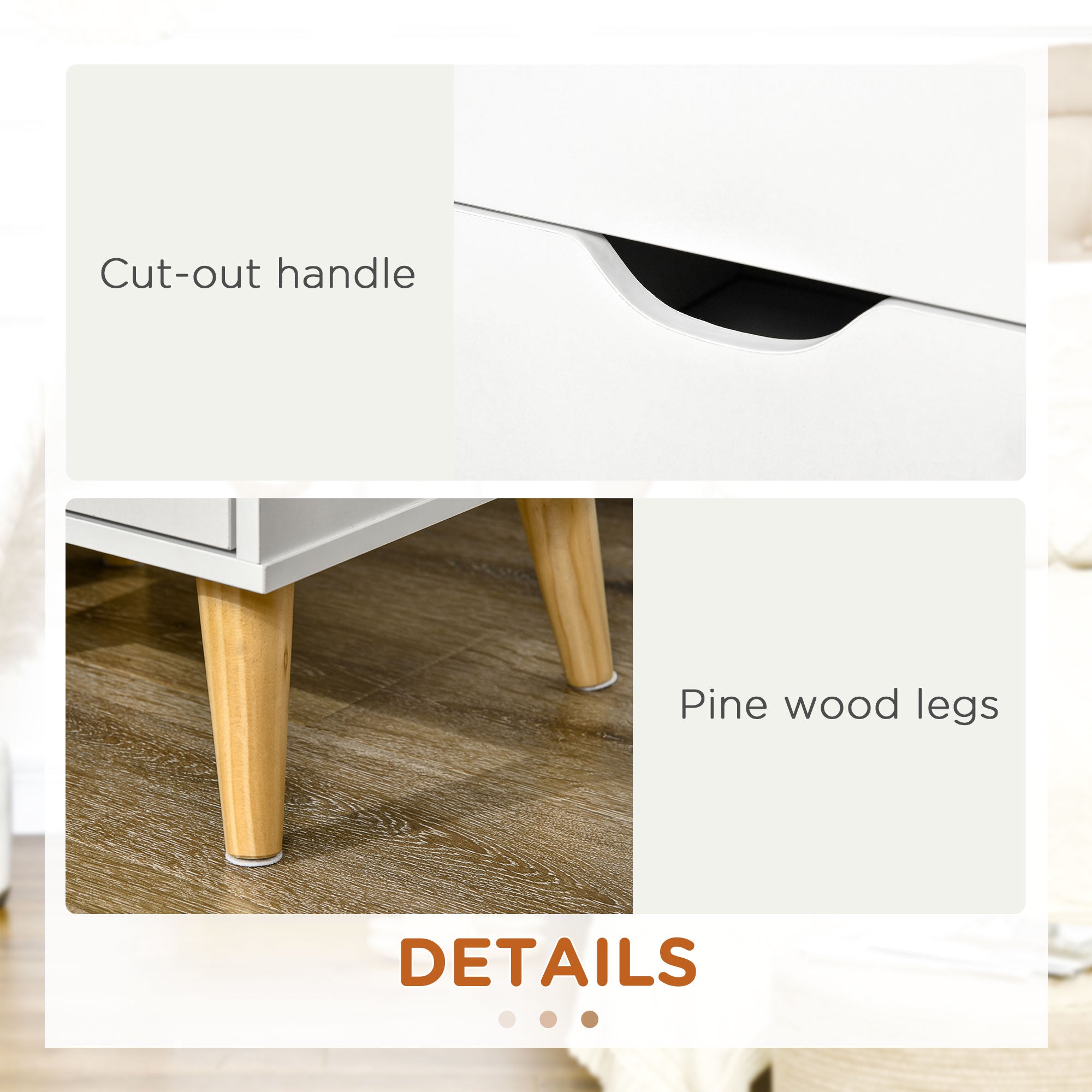 Bedside Table with 2 Drawers and Pine Wood Legs for Bedroom & Living Room - White