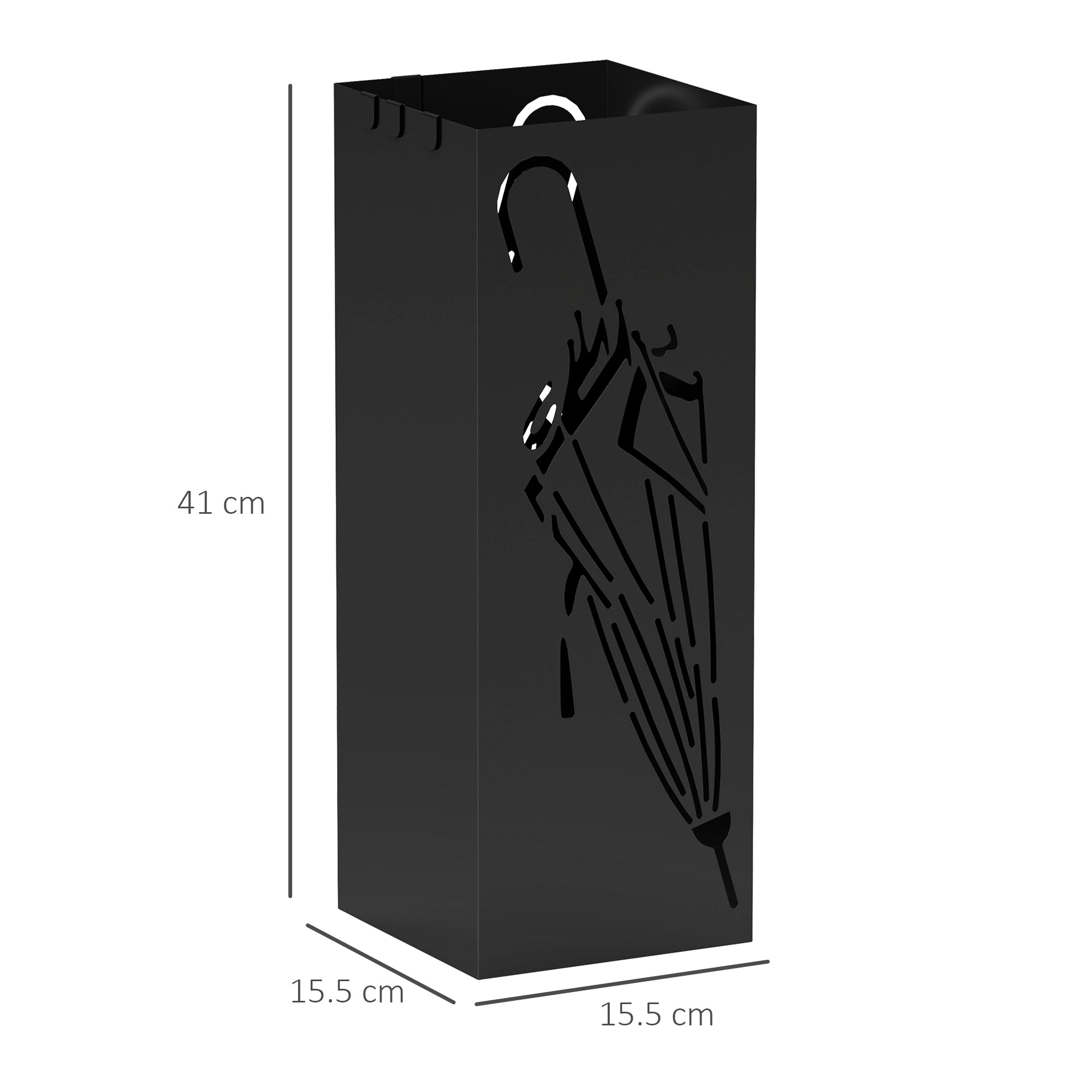 Square Metal Umbrella Stand with 4 Hooks and Removable Drip Tray 15.5x15.5x41 cm - Black