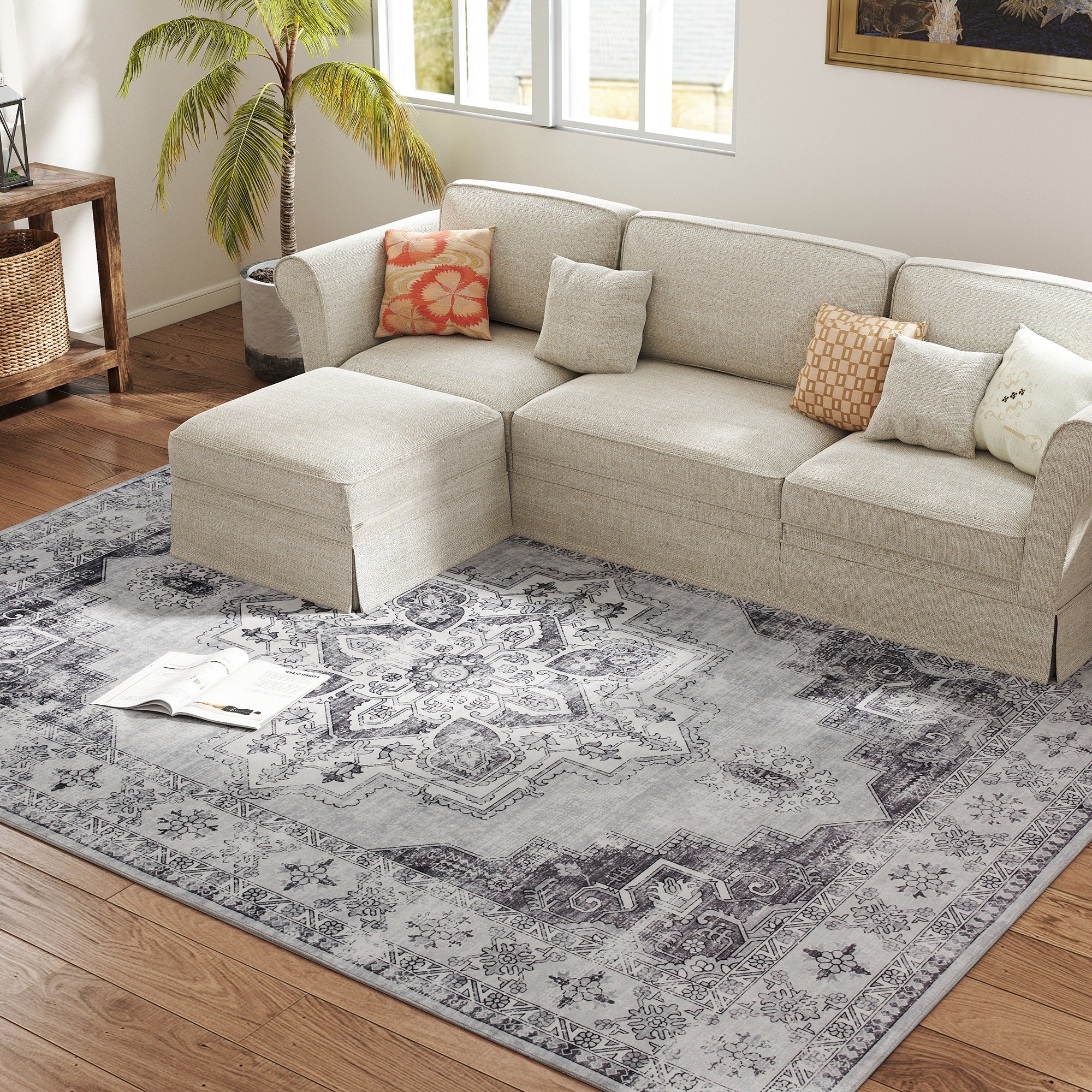 Vintage Area Rug, Non-Slip Washable Rug, Flannel Floor Carpet for Living Room, Bedroom, Dining Room, Home Office, 290 x 200 cm, Grey