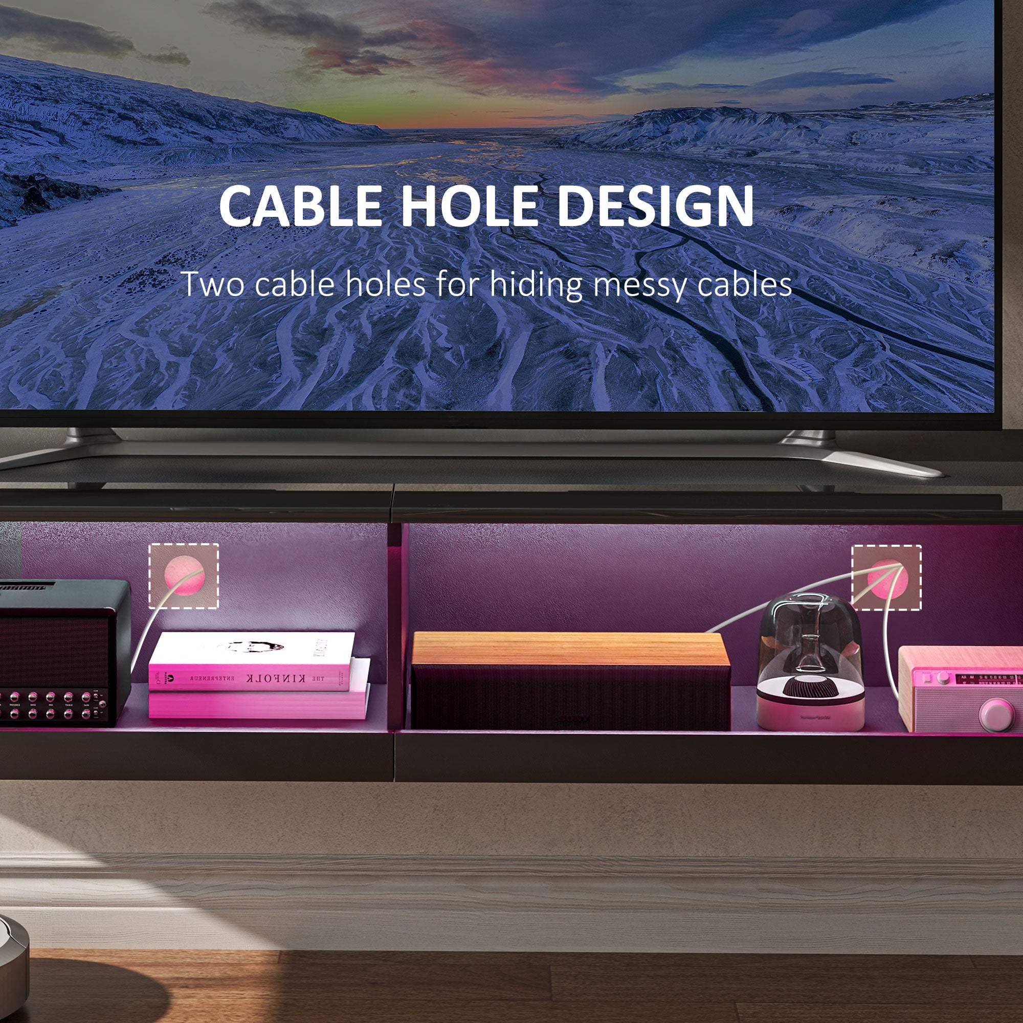 Floating TV Unit Wall Mounted Cabinet for TVs up to 65" with LED Lights and Storage Shelves - Black