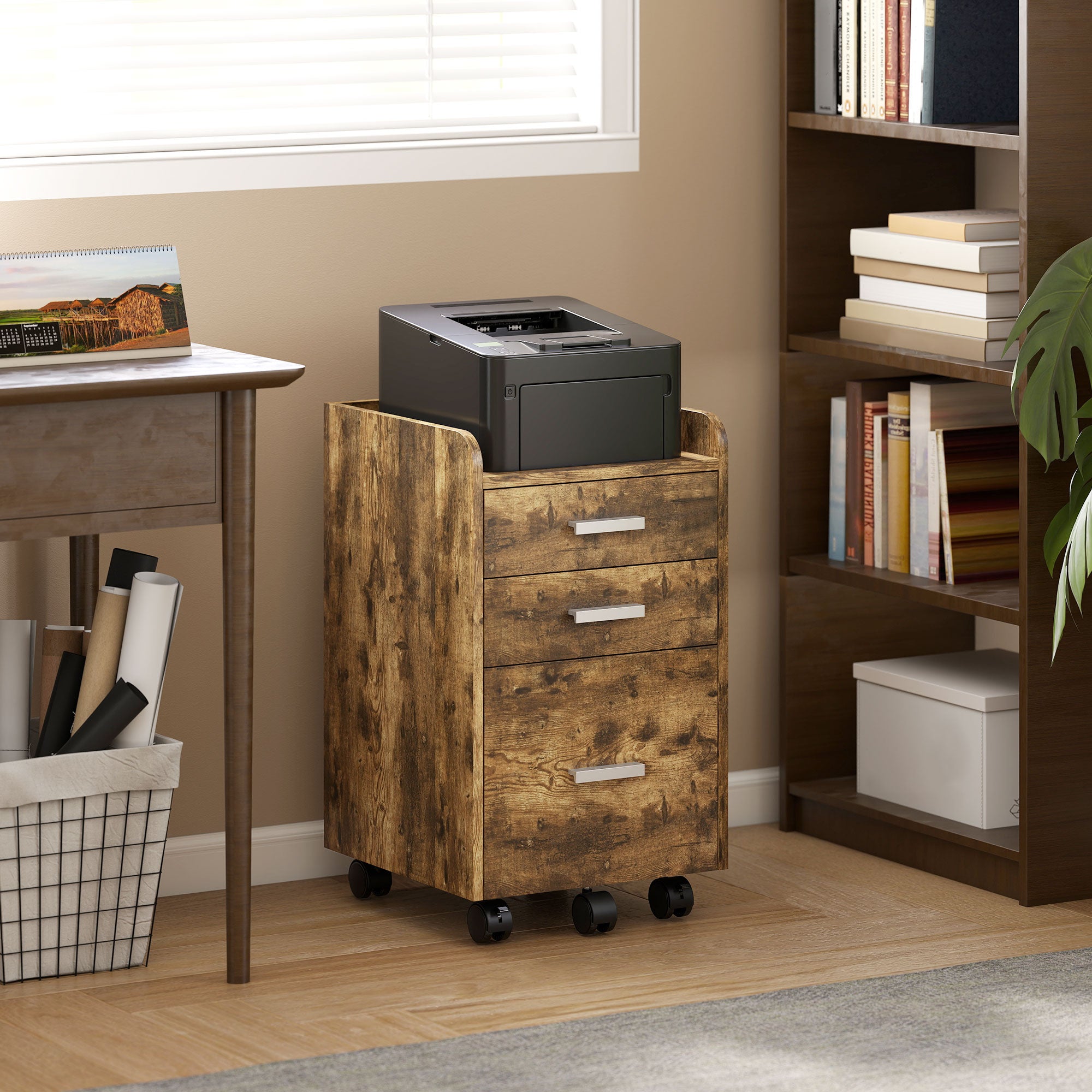 3 Drawer Filing Cabinet, Rolling File Cabinet with Edged Top for Letter, A4 Size, Hanging File Folders, Rustic Brown