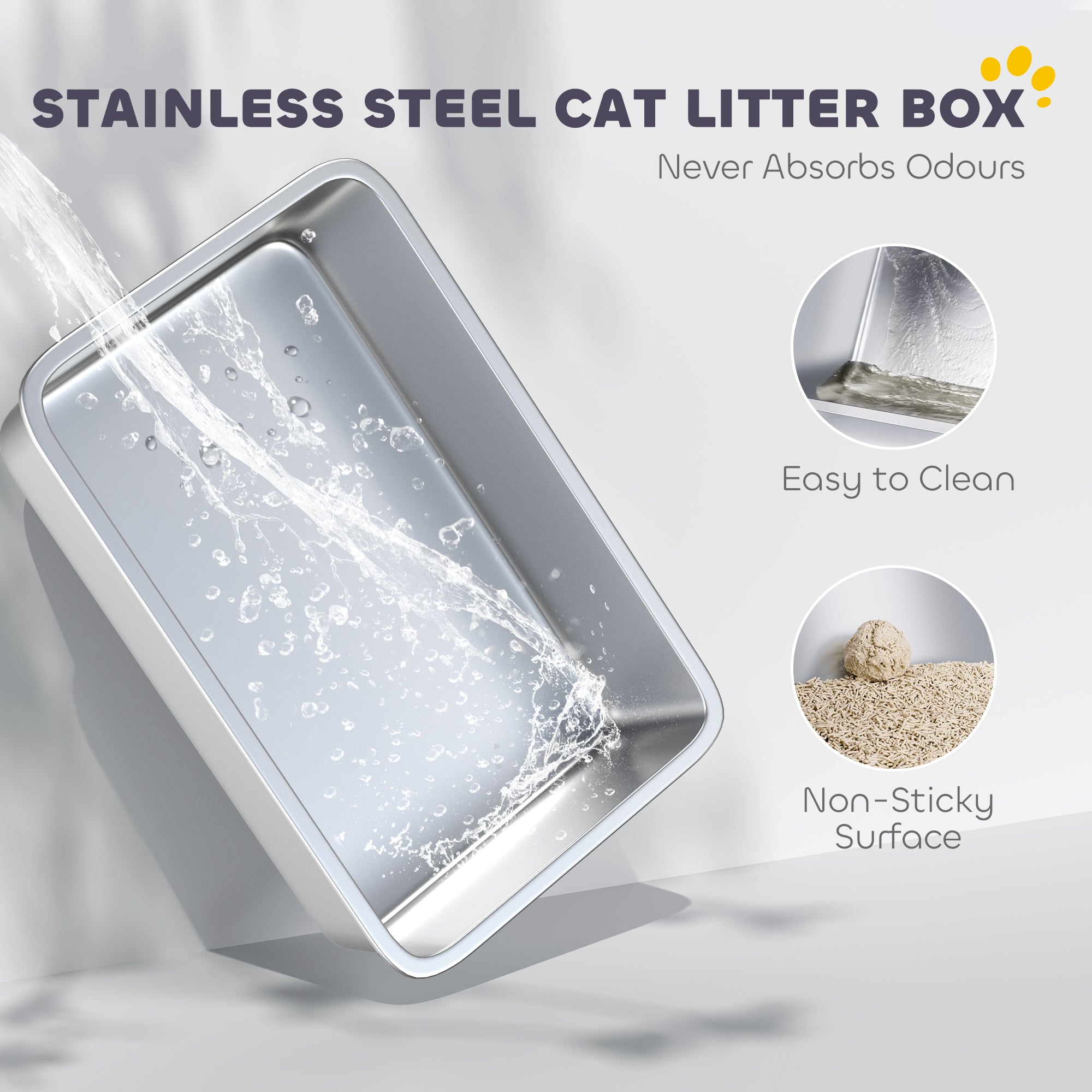 Stainless Steel Cat Litter Box with High Sides, Metal Scoop, 43 x 33 x 25 cm