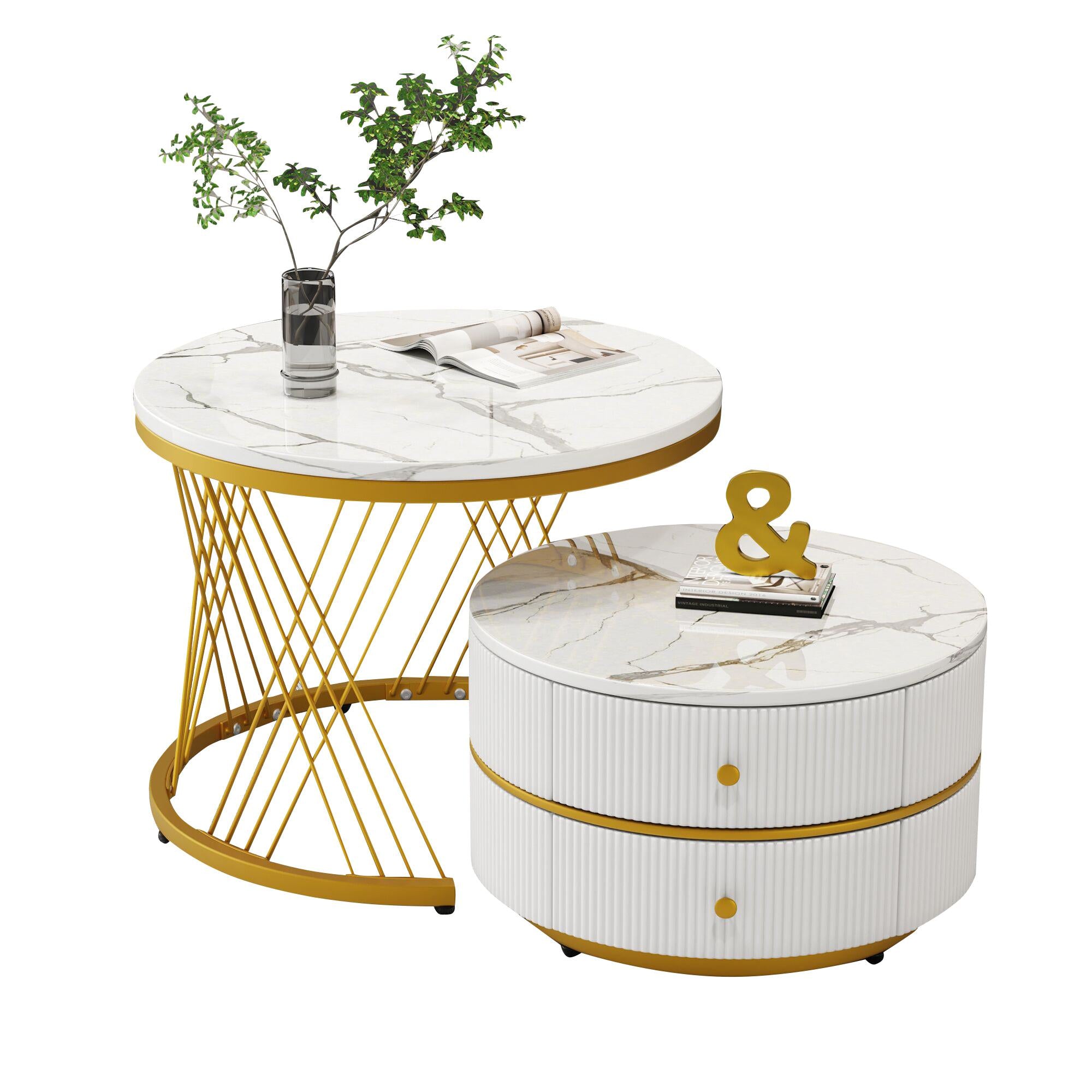 2 Piece High Gloss Round Nesting Coffee Table Set with Marble Top, Living Room Centre Tables with Storage Drawers, Gold+White