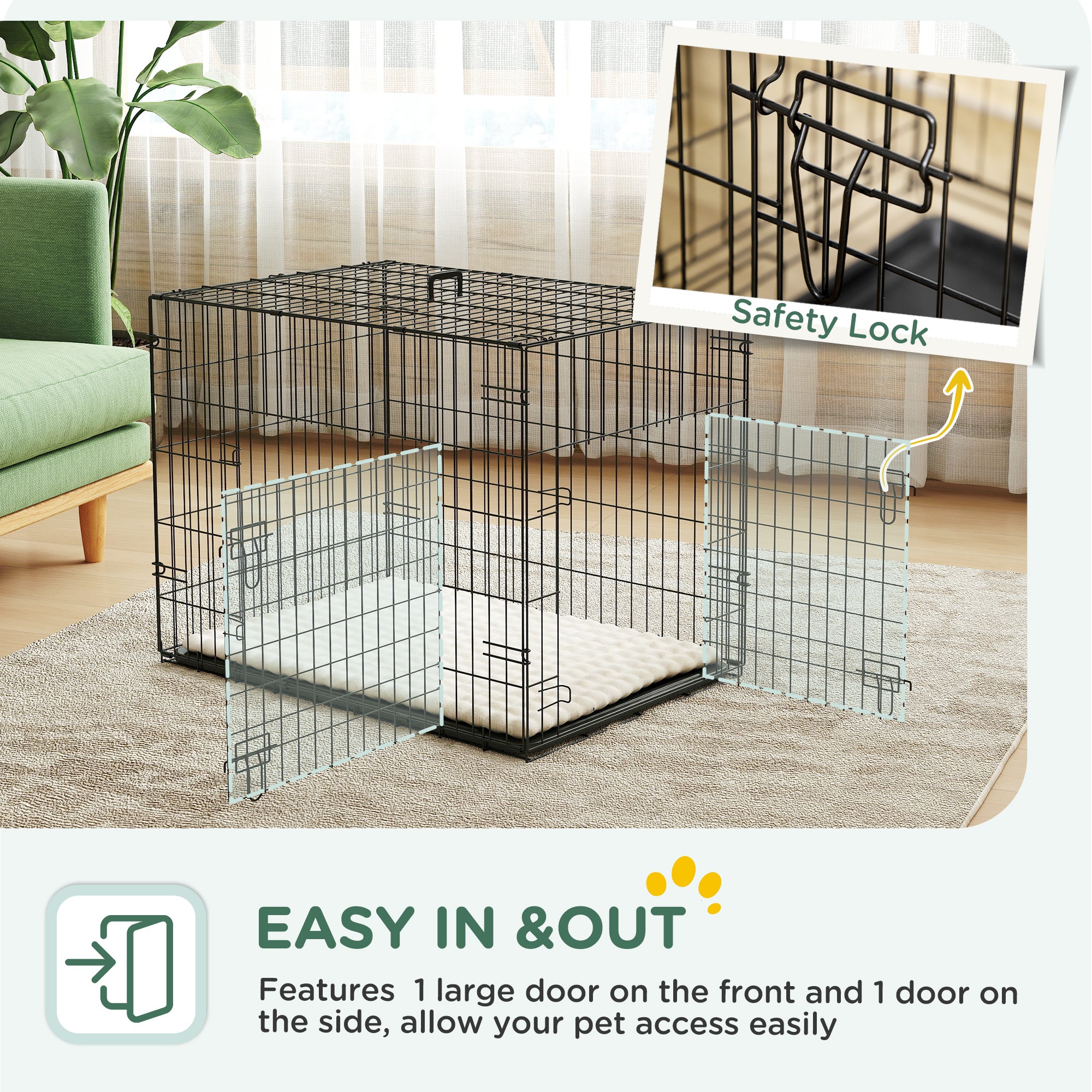Foldable Small Dog Crate with 2 Doors, Tray & Cushion, 76x53x60 cm - Black