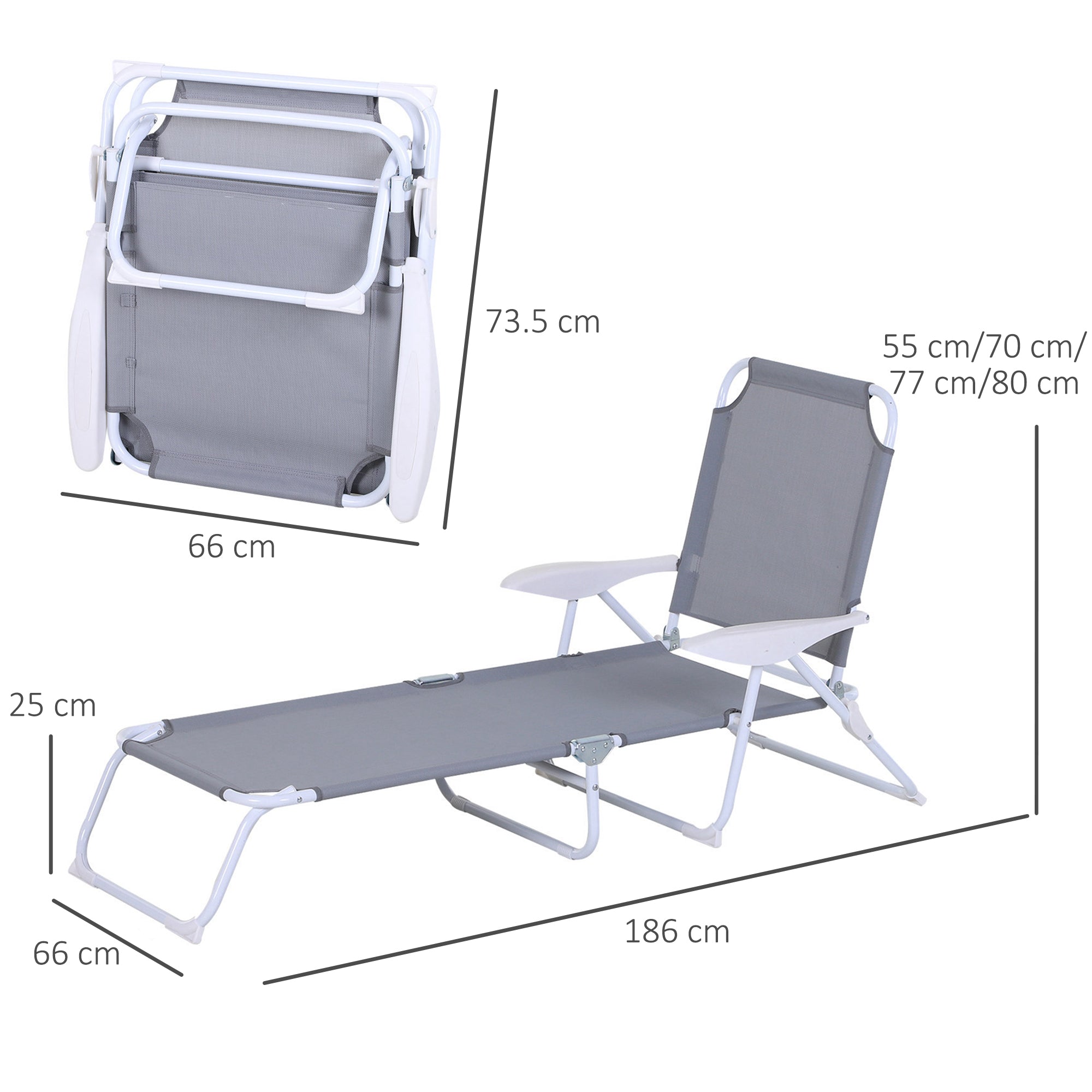 Foldable Sun Lounger, Outdoor 4 Level Adjustable Backrest Reclining Lounge Chair with Armrests for Patio, Garden, Grey