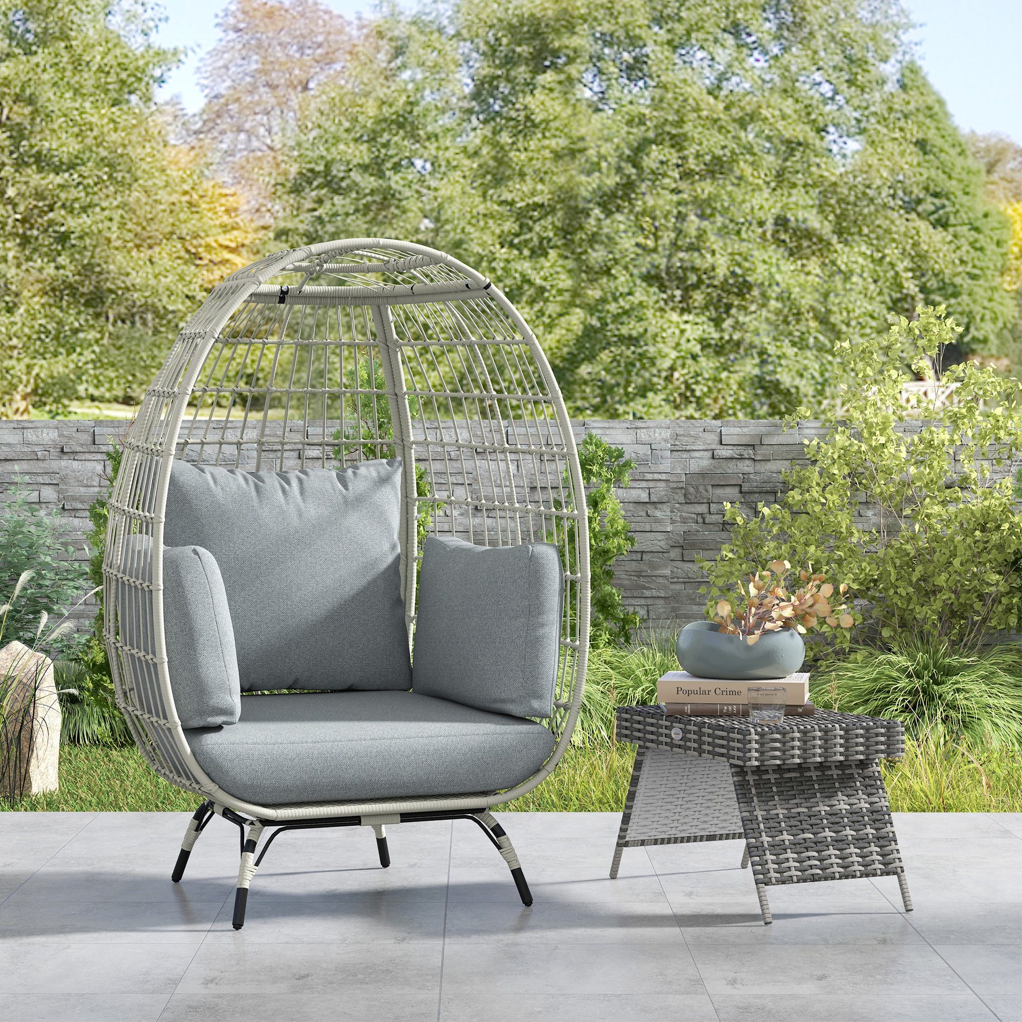 Rattan Egg Chair with Cushions and Pillows - Charcoal Grey