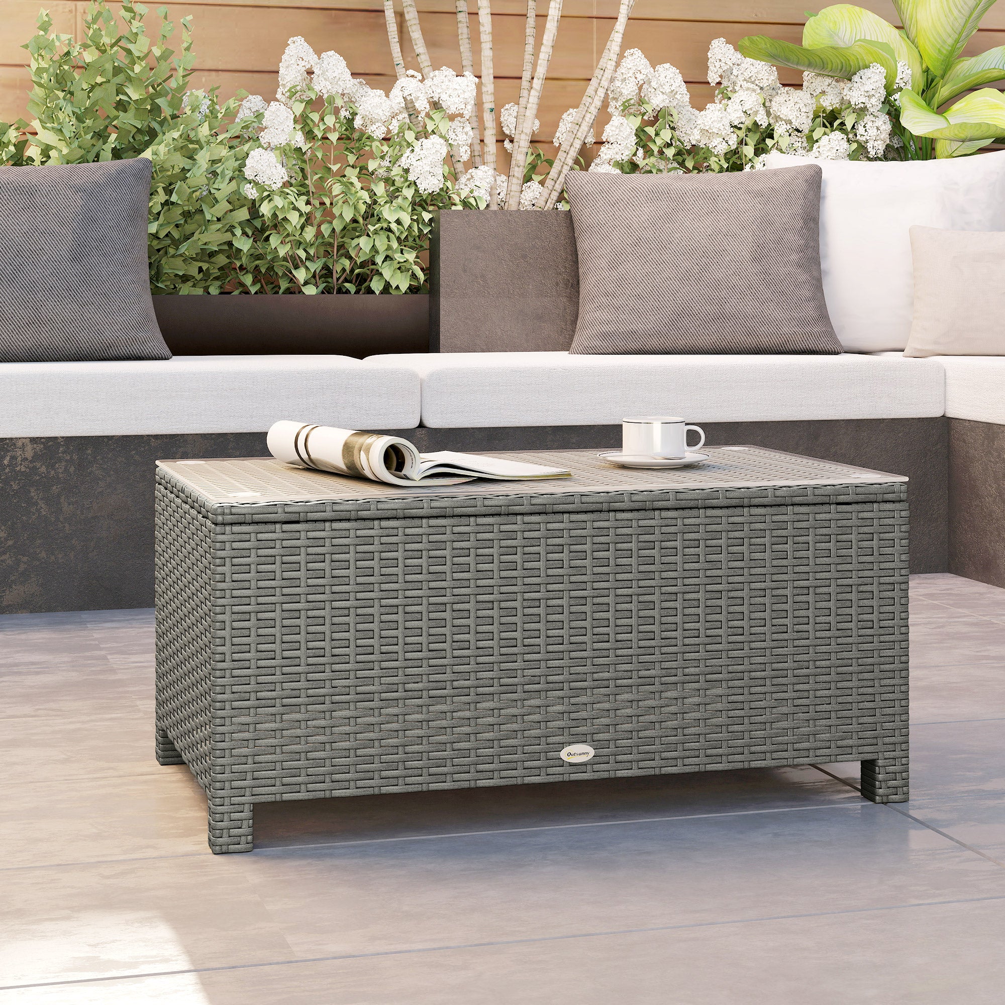 Rattan Garden Coffee Table with Glass Top, Light Grey