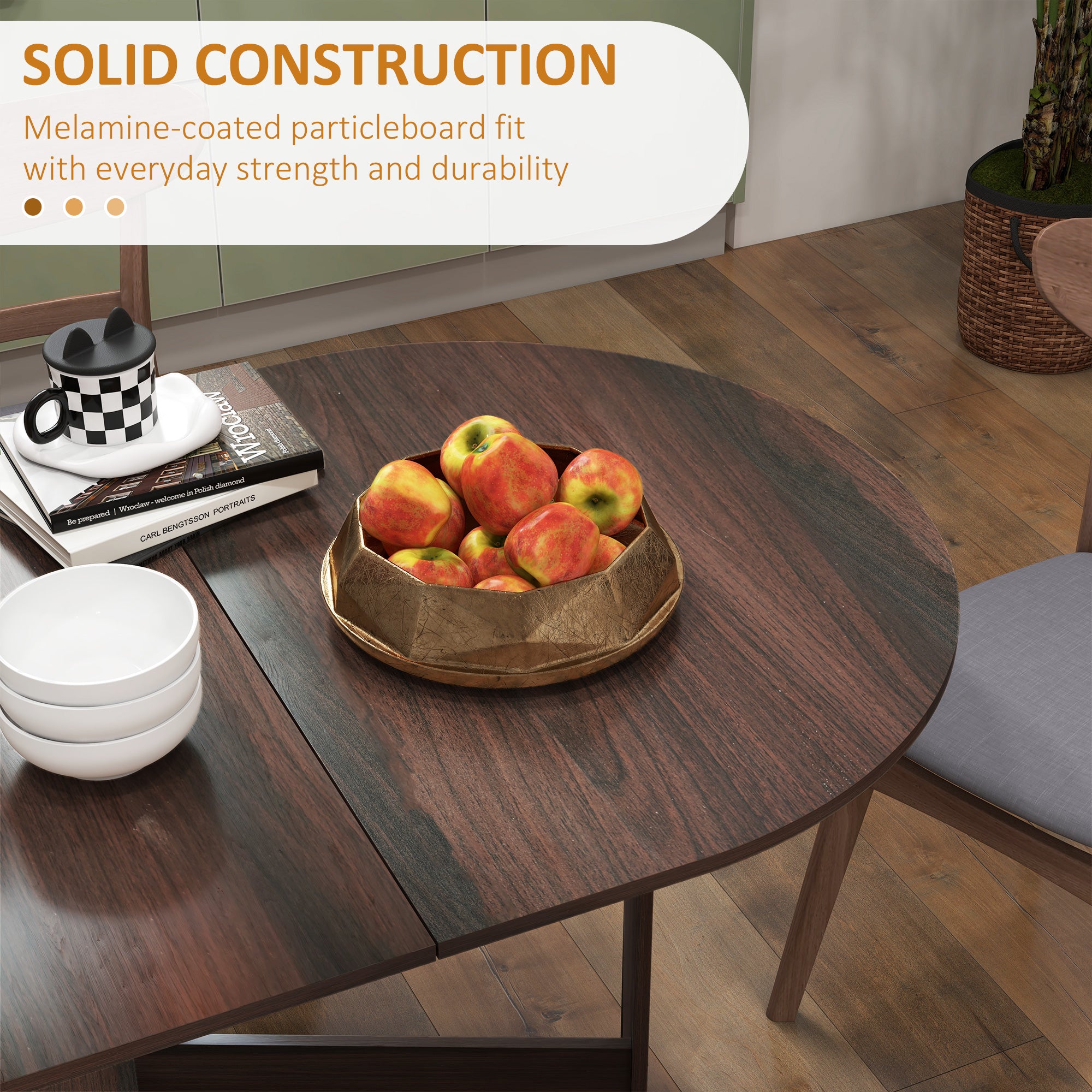 Folding Drop Leaf Oval Dining Table for Small Spaces - Chocolate Wood Effect