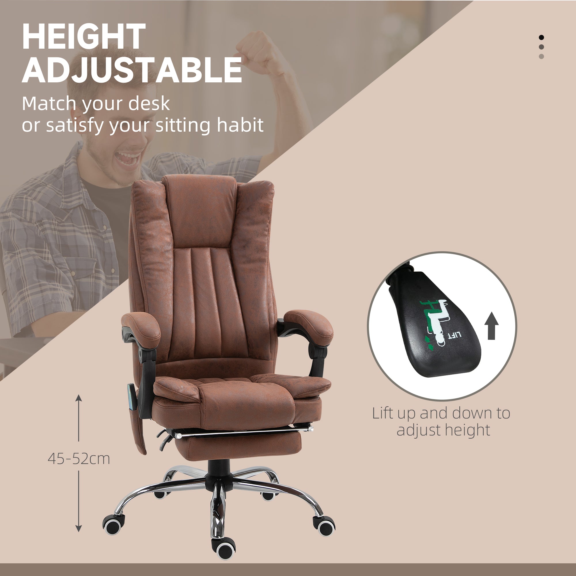 Office Chair with Massage and Heat, Microfibre Reclining Computer Desk Chair with Footrest and Adjustable Height, Swivel Wheels for Home Office, Brown