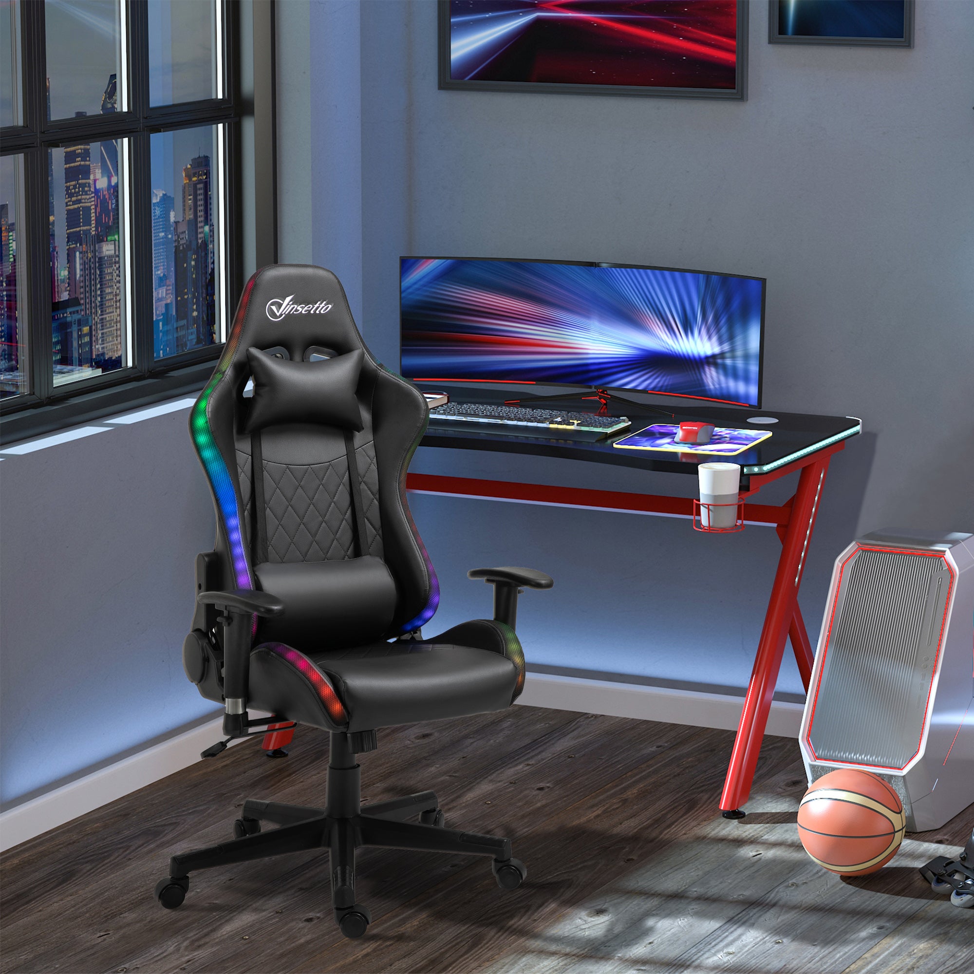 Gaming Chair with RGB LED Light, 2D Arm, Lumbar Support, Height Adjustable Swivel Office Computer Recliner, Racing Gamer Desk Chair for Home, Black