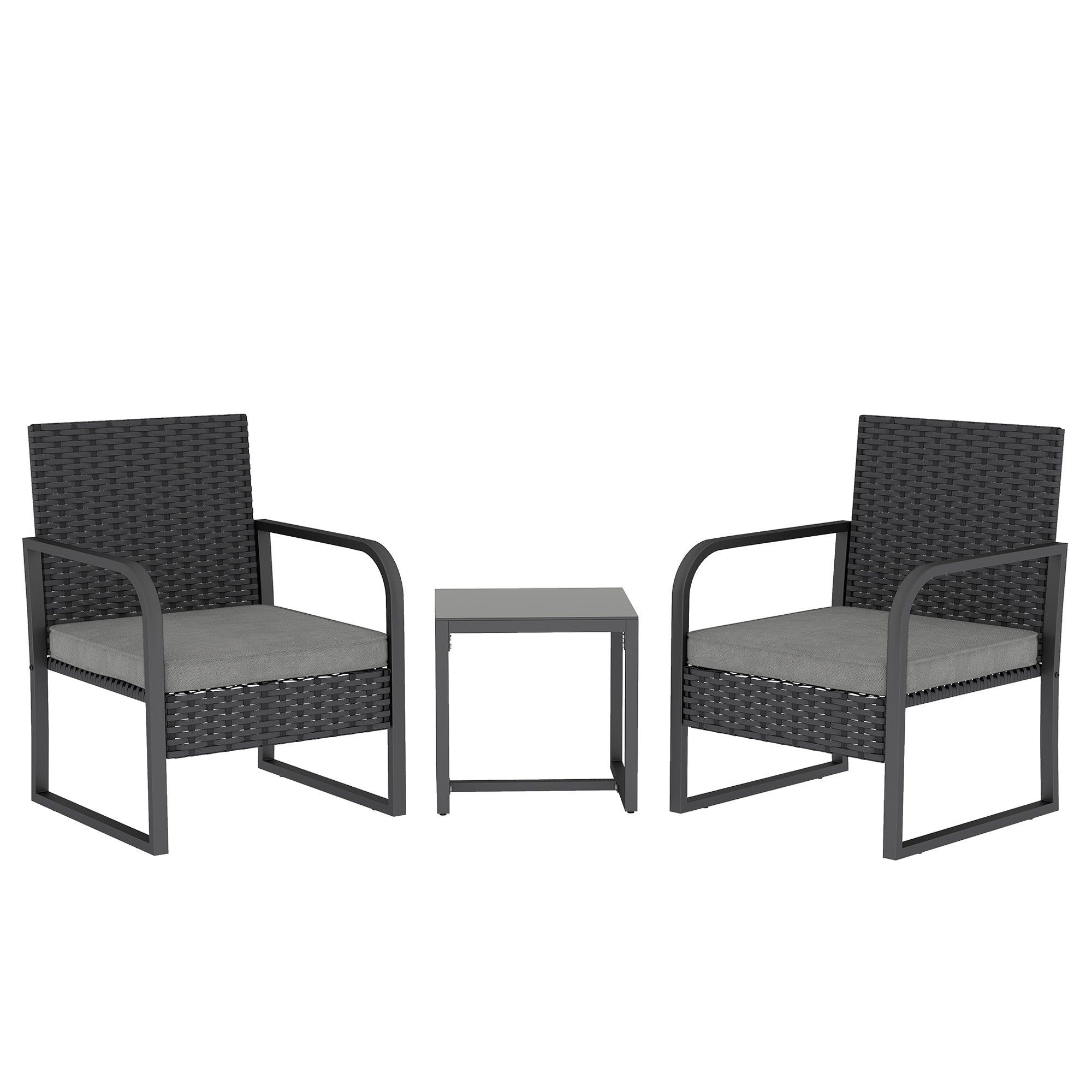 Rattan Bistro Set, 3 Piece Garden Furniture Set with Cushions and Glass Top Table, Black