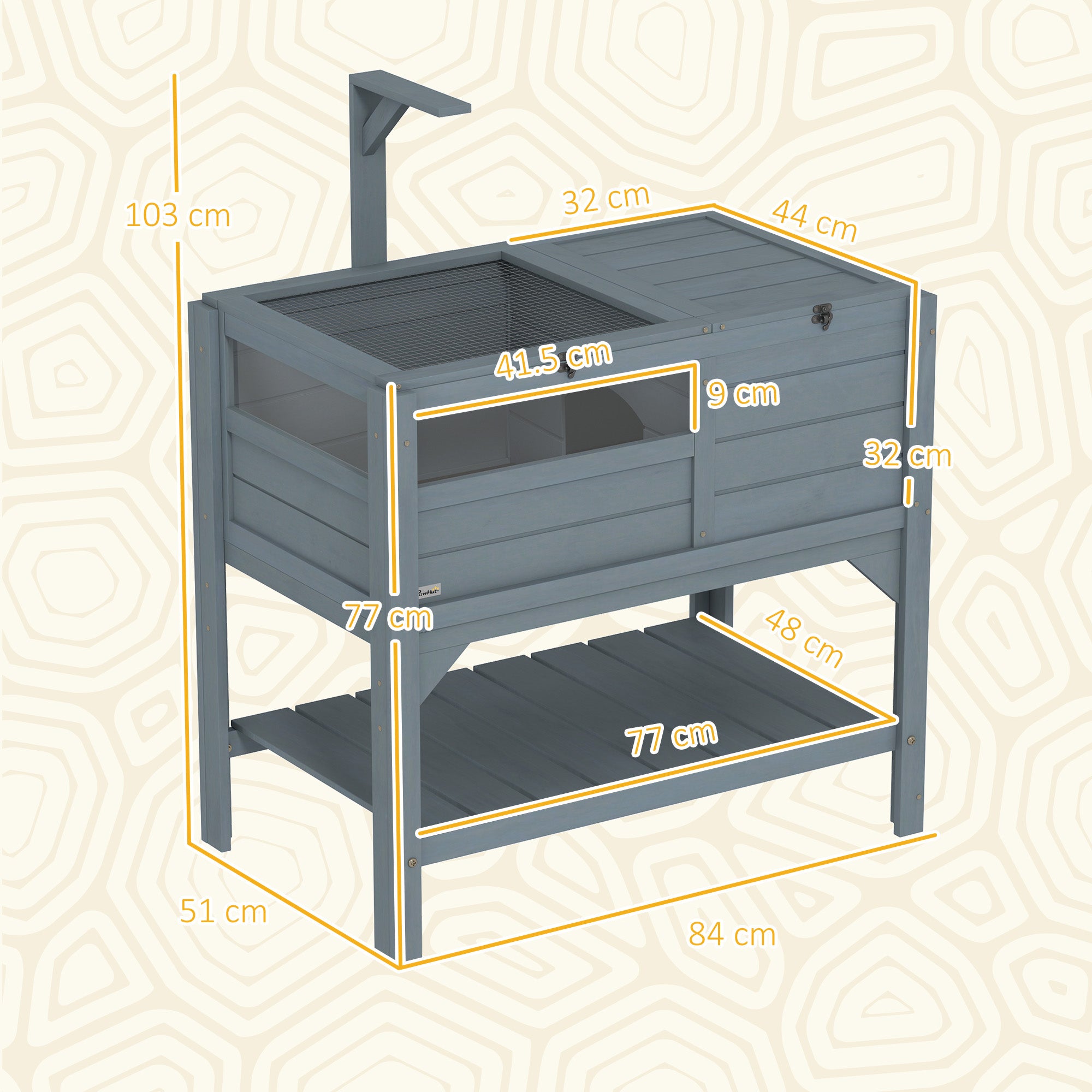 Wooden Tortoise House with Shelter, Run, Lamp Holder, Shelf & Tray - Grey