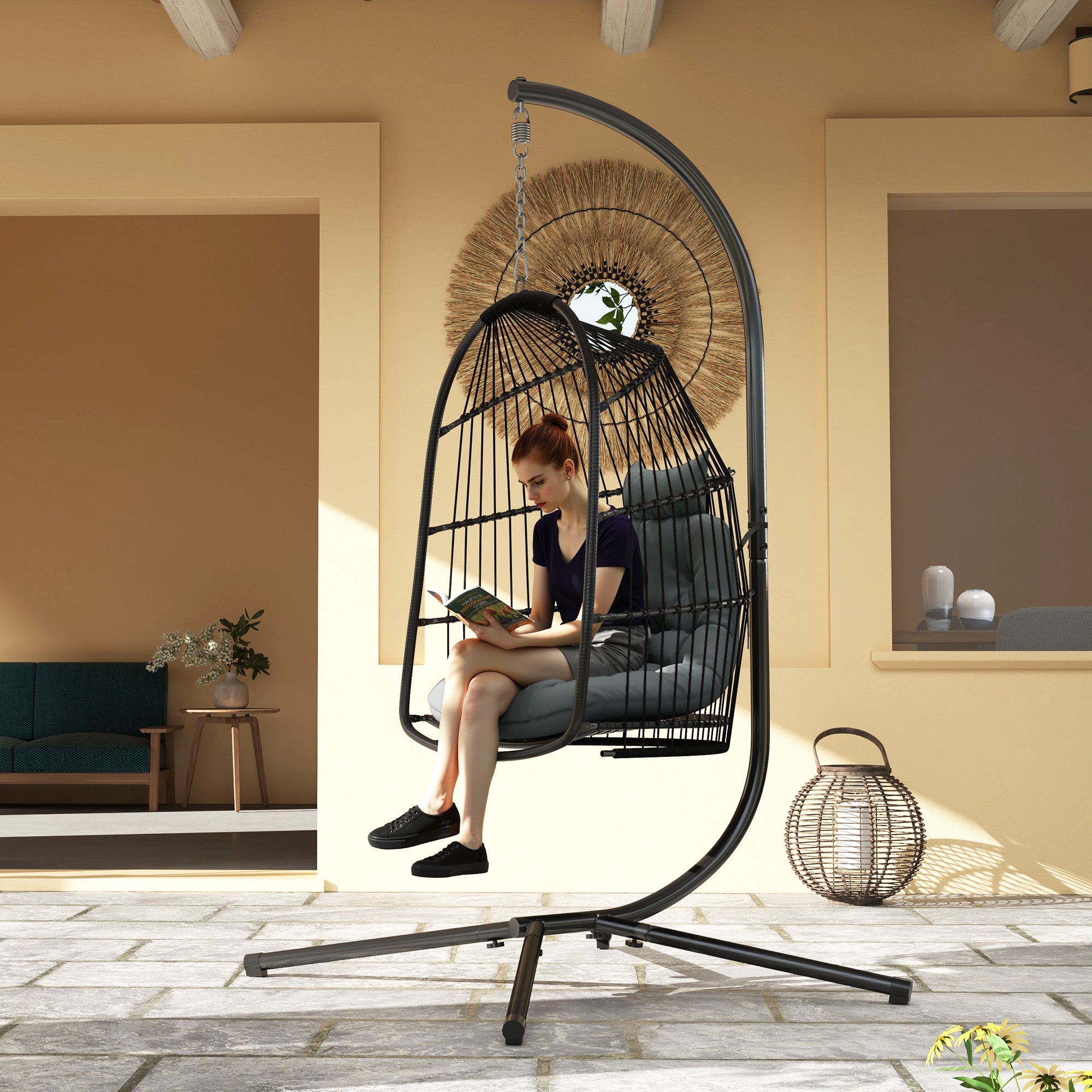Foldable Hanging Egg Chair with Cushion, Headrest & Installation Kit for Indoor Outdoor - Dark Grey