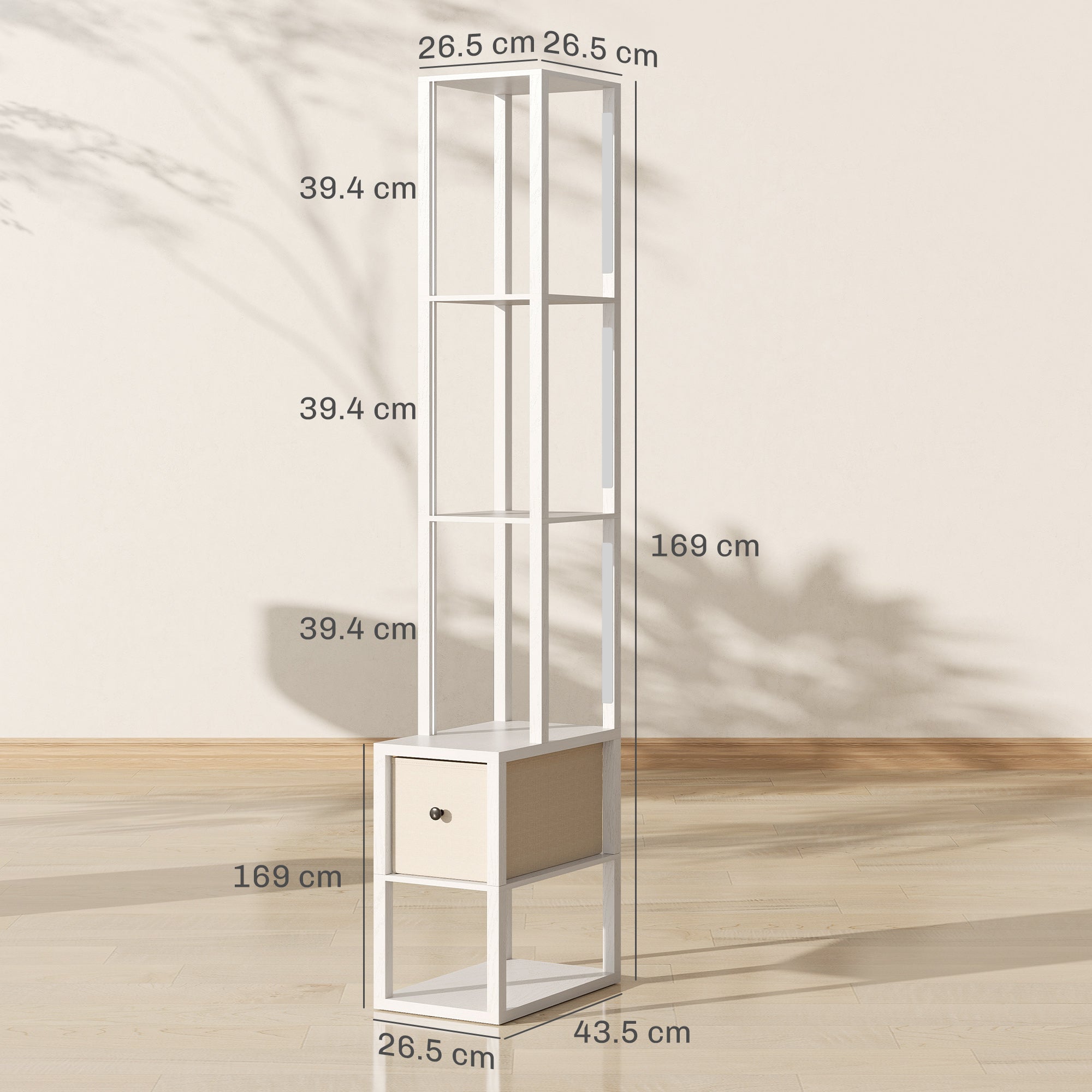 Floor Lamp with Shelves, LED Column Modern Standing Lamp with Fabric Drawer, Adjustable Brightness, Foot Switch for Living Room, Bedroom, Office, White