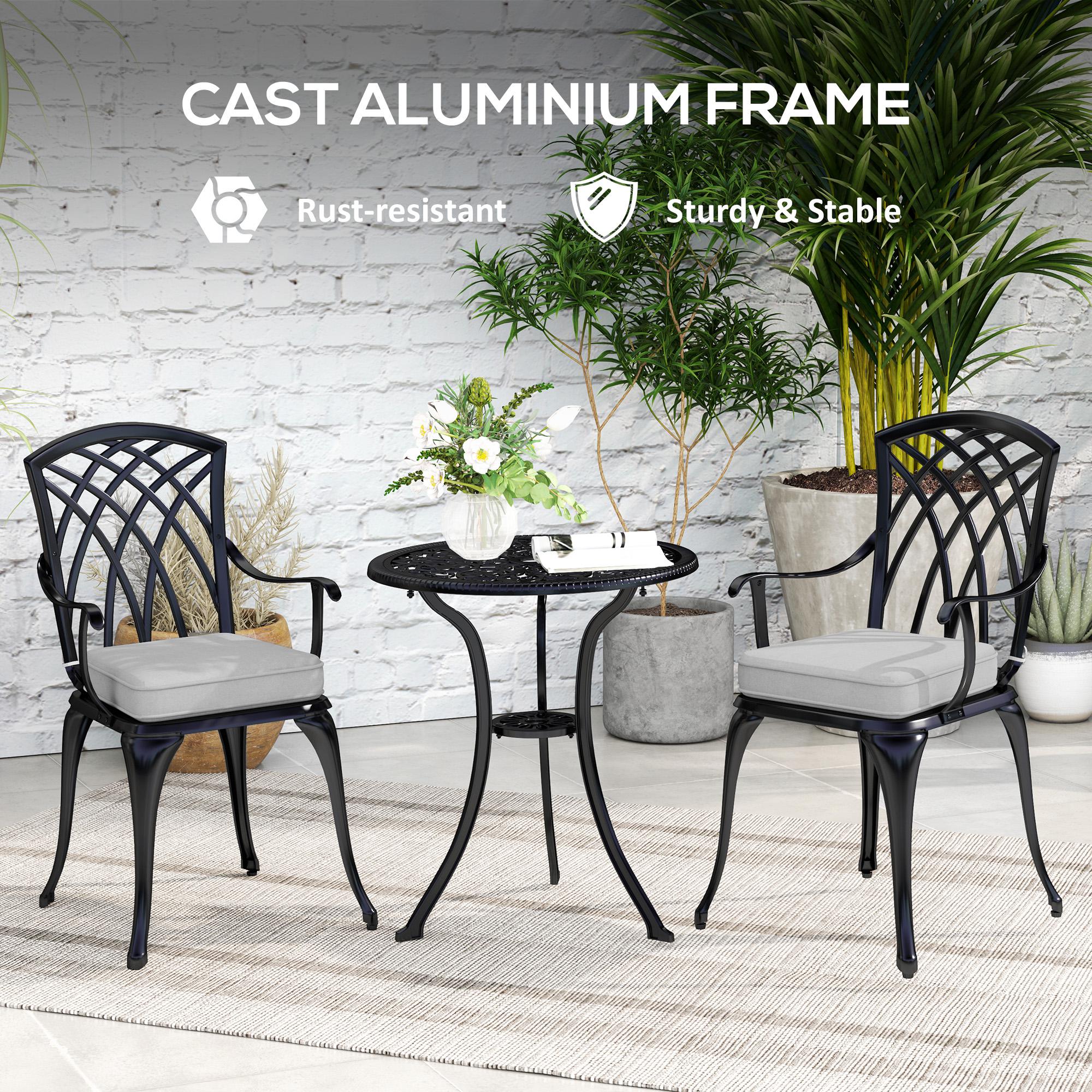 Three-Piece Cast Aluminium Bistro Set with Cushions and Parasol Hole - Black