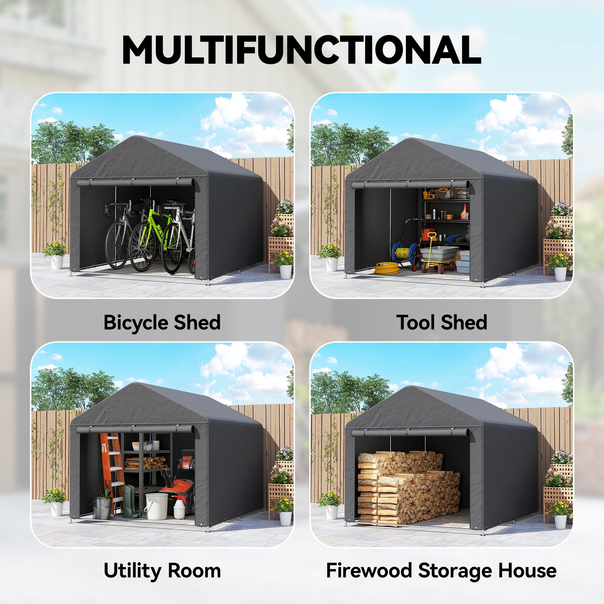 6.6 x 7.8ft Outdoor Garden Storage Shed, Waterproof Bike Tent with Roll-up Zipper Door, Galvanised Metal Frame, Portable Shed Shelter Carport for Motorcycle Garden Tools, Dark Grey