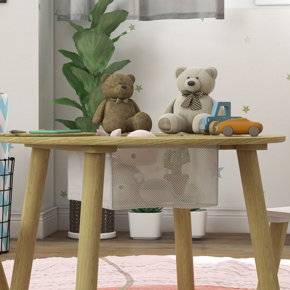 3 Piece Kids Activity Table Set with Mesh Storage and Bear Backrest - Pink