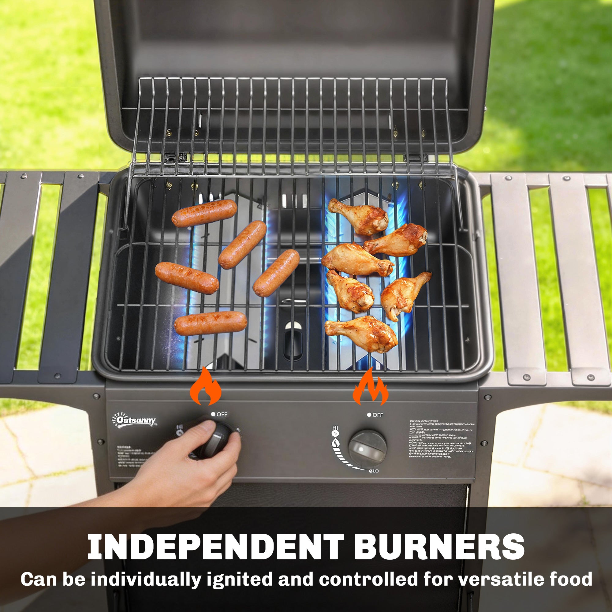 Gas Burner Barbecue Grill, 2 Burner Gas Grill with Side Tables, Warming Rack, Shelf, Thermometer, Grease Tray, Black