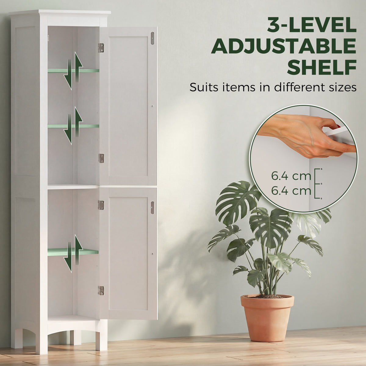 kleankin Tall Bathroom Storage Unit, Slim Bathroom Cabinet with Adjustable Shelves and Double Door, White
