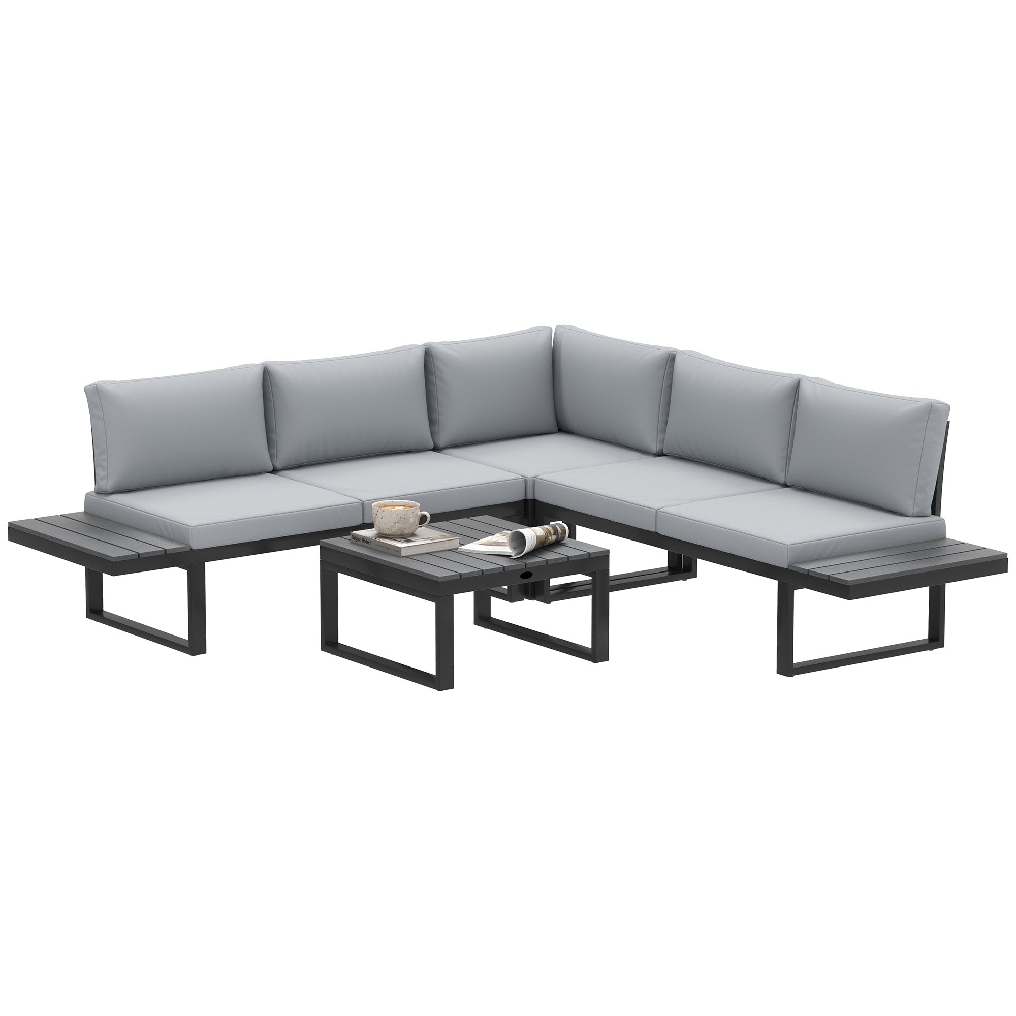 4-Piece Outdoor Patio Garden Lounge Set with 5-Level Reclining Corner Sofa & Cushions - Black Light Grey
