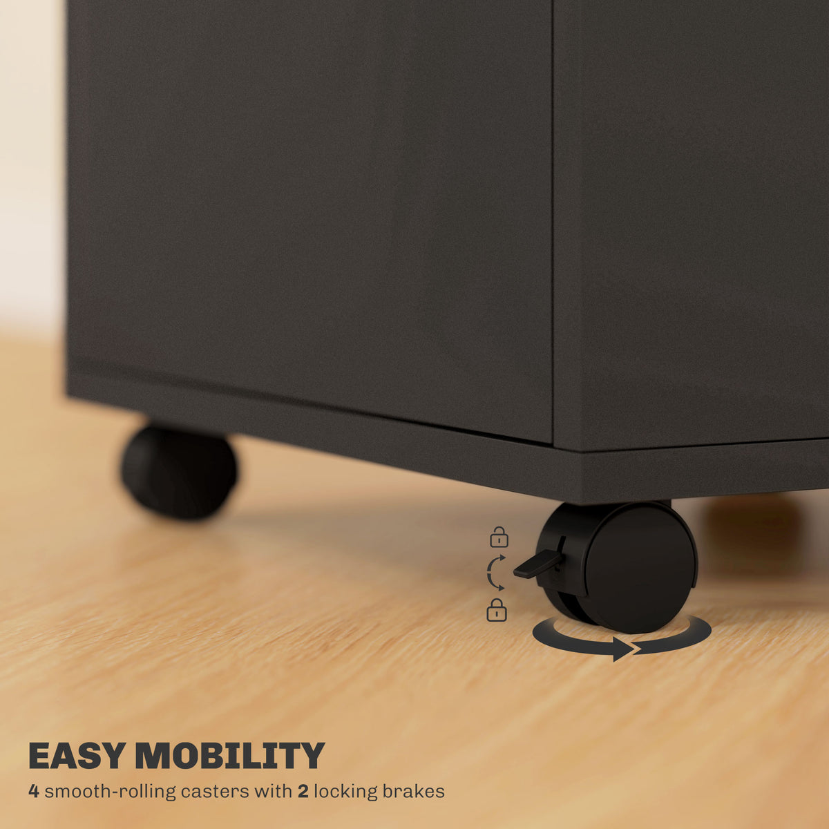 60cm Mobile Filing Cabinet with Drawer, Open Shelf, Locks & Wheels - Black