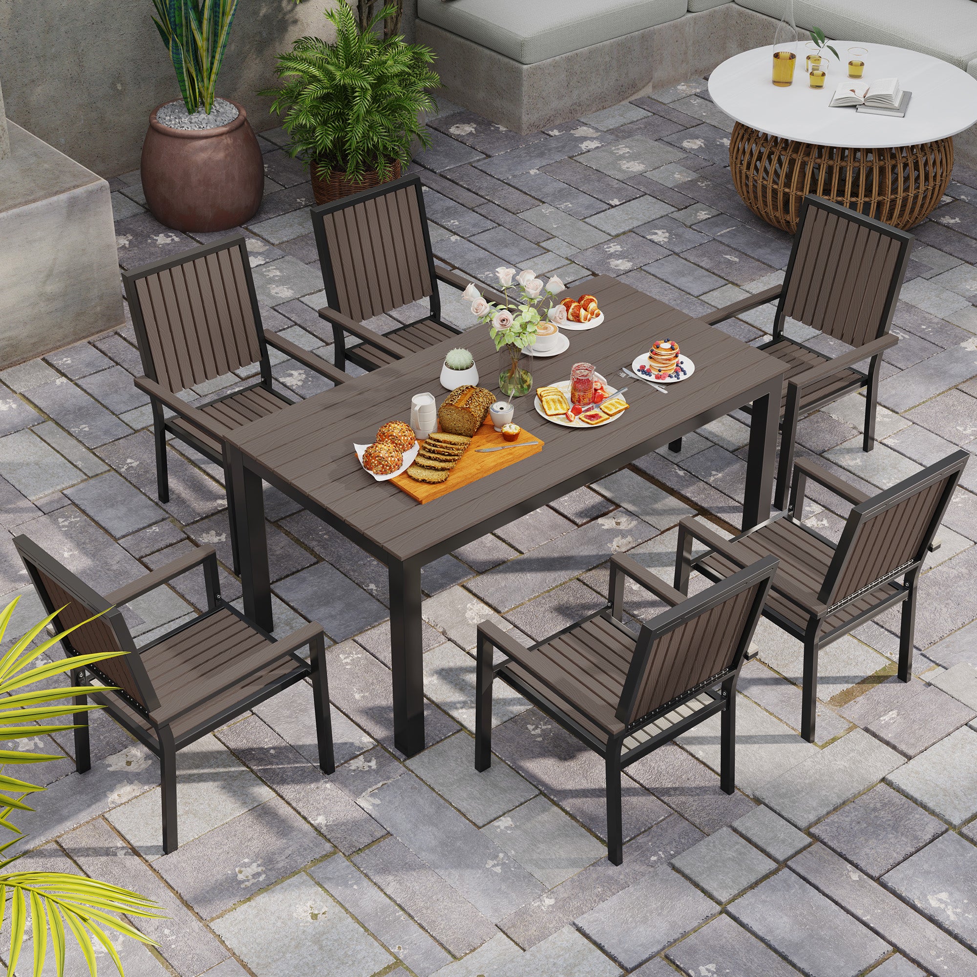 6 Seater Garden Dining Set with Stackable Chairs and Rectangular Aluminium Frame Table - Brown