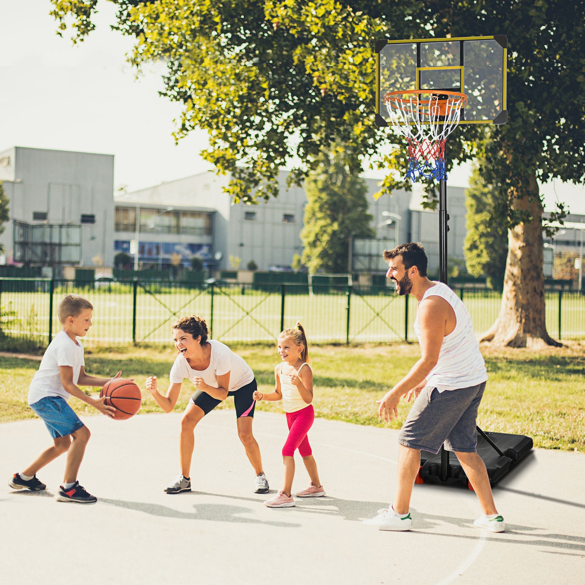 Height Adjustable Basketball Hoop and Stand with Firm Backboard and Weighted Base, Portable on Wheels, Yellow