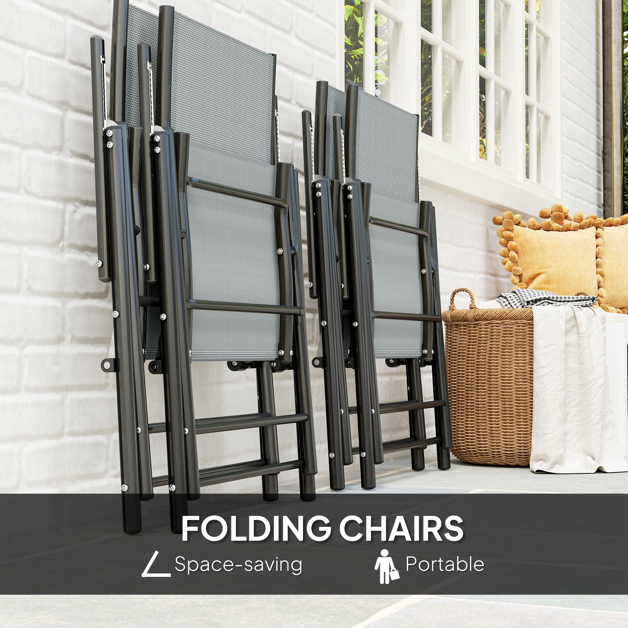 5 Piece Steel Frame Patio Dining Set with Folding Chairs - Grey Black