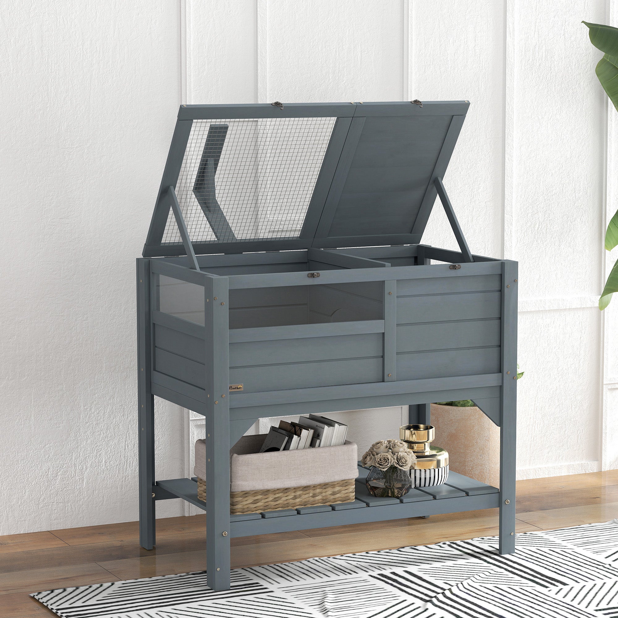 Wooden Tortoise House with Shelter, Run, Lamp Holder, Shelf & Tray - Grey