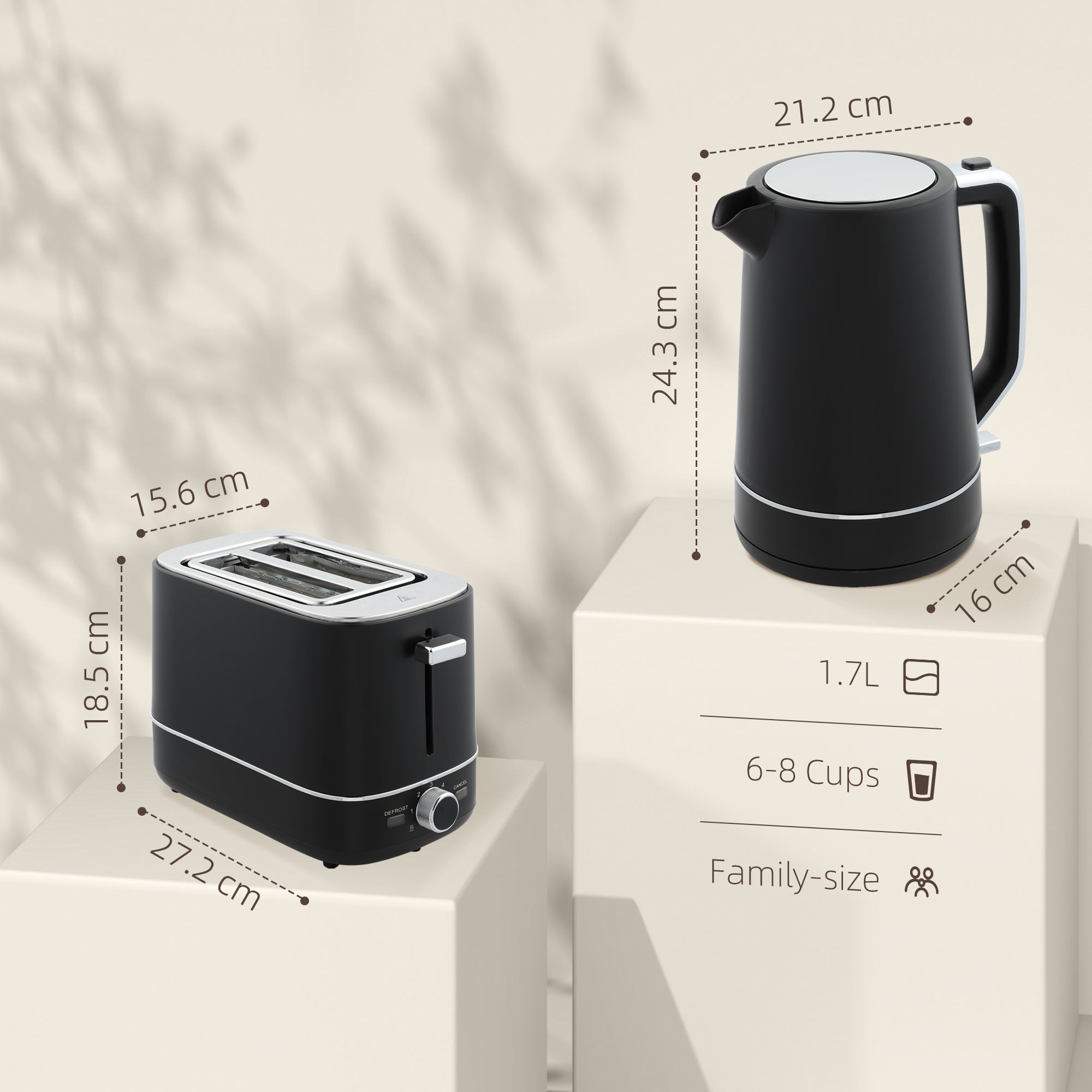 1.7L 3000W Fast Boil Kettle & 2-Slice Toaster Set with 6 Browning Levels, Defrost & Reheat - Black