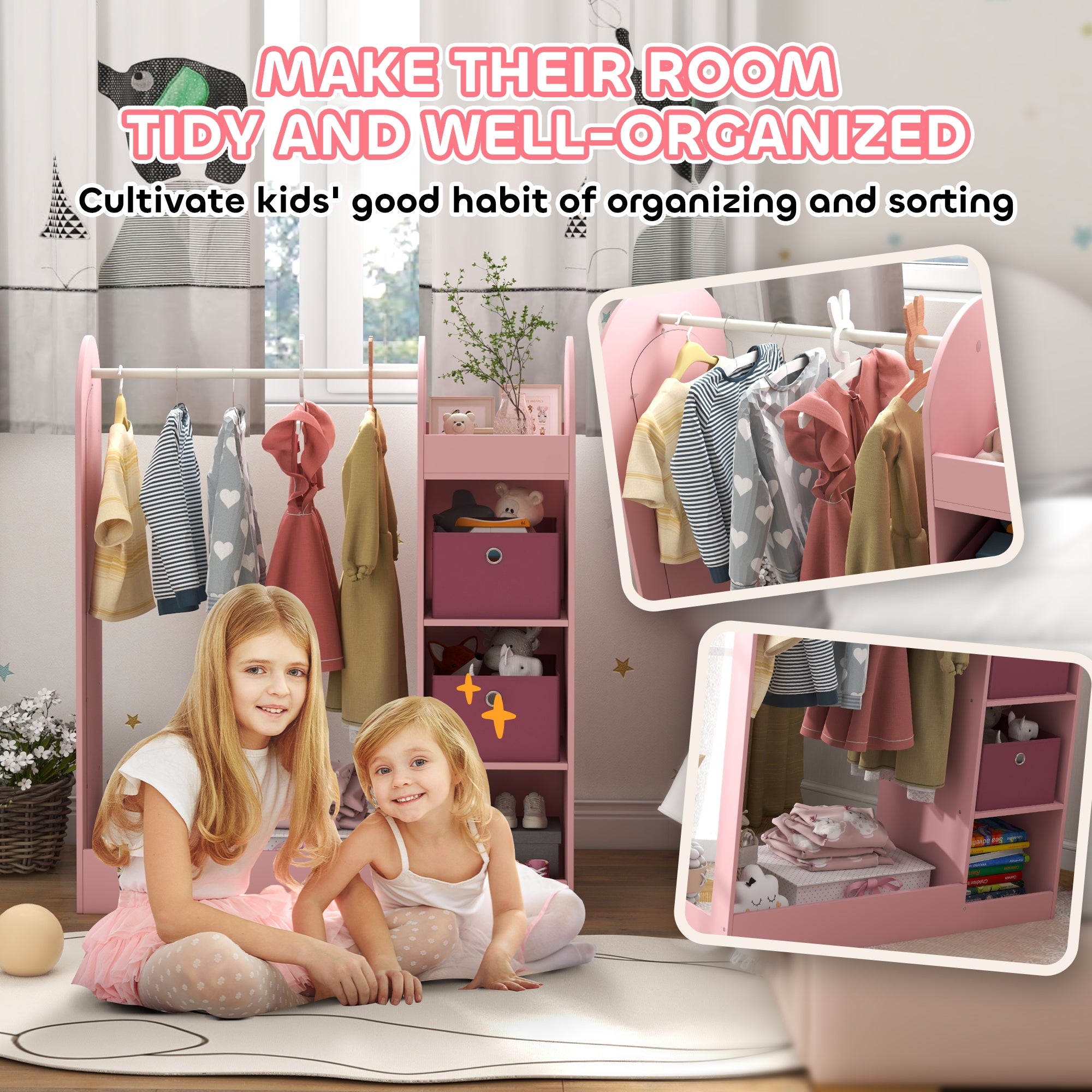 Kids Clothes Rail with Storage Shelf, Boxes, Mirror for Bedroom, Nursery, Pink