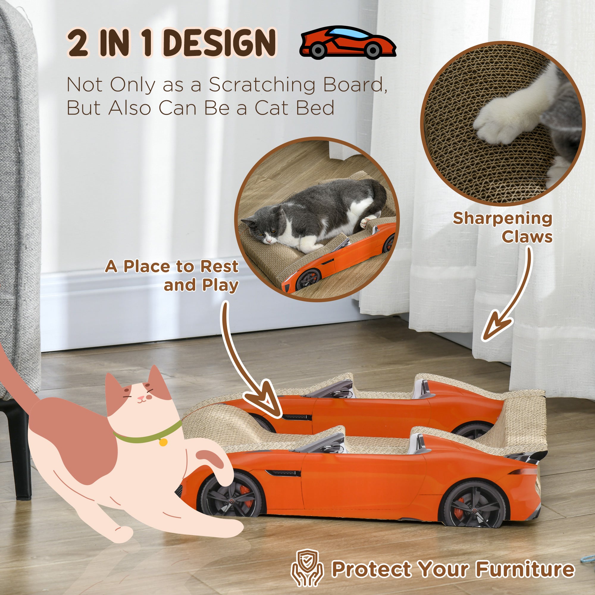 2 in 1 Cat Scratching Board with Catnip, Car-shaped