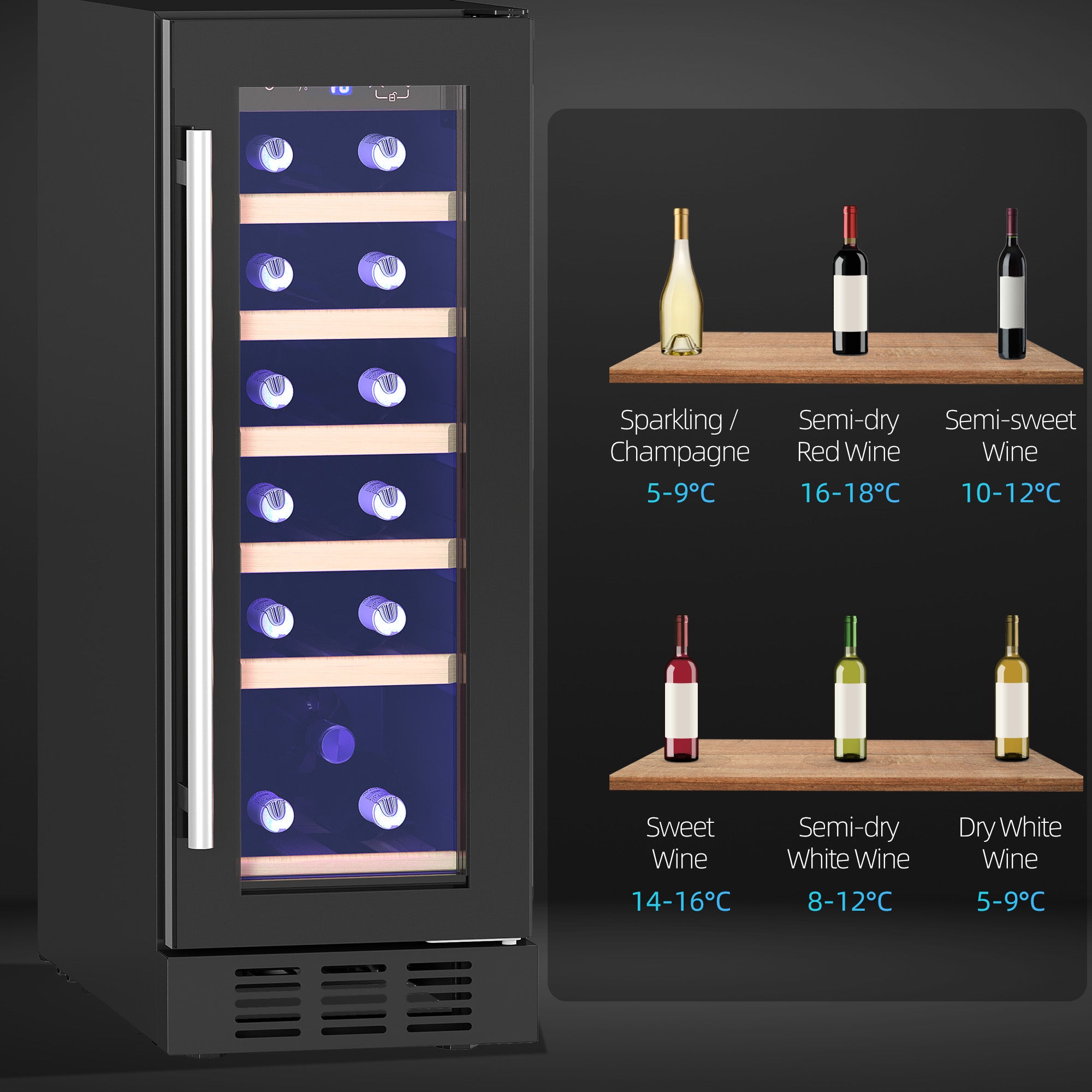19 Bottle Wooden Rack Wine Fridge 5-18℃ Temperature Control - Black