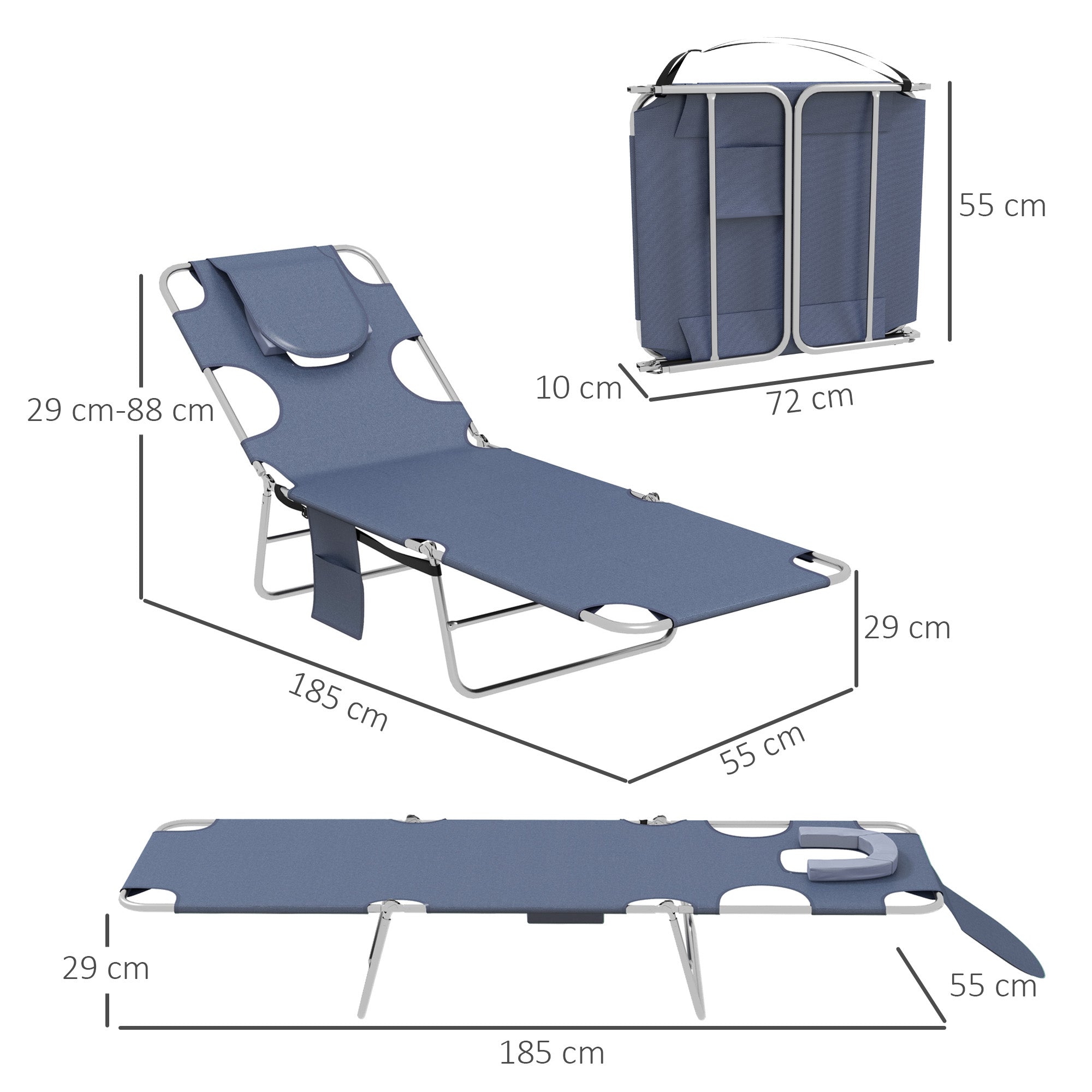 Foldable Sun Lounger Set of 2 with Reading Hole, Portable Sun Lounger with 5 Level Adjustable Backrest, Reclining Lounge Chair with Side Pocket, Headrest Pillow, Grey