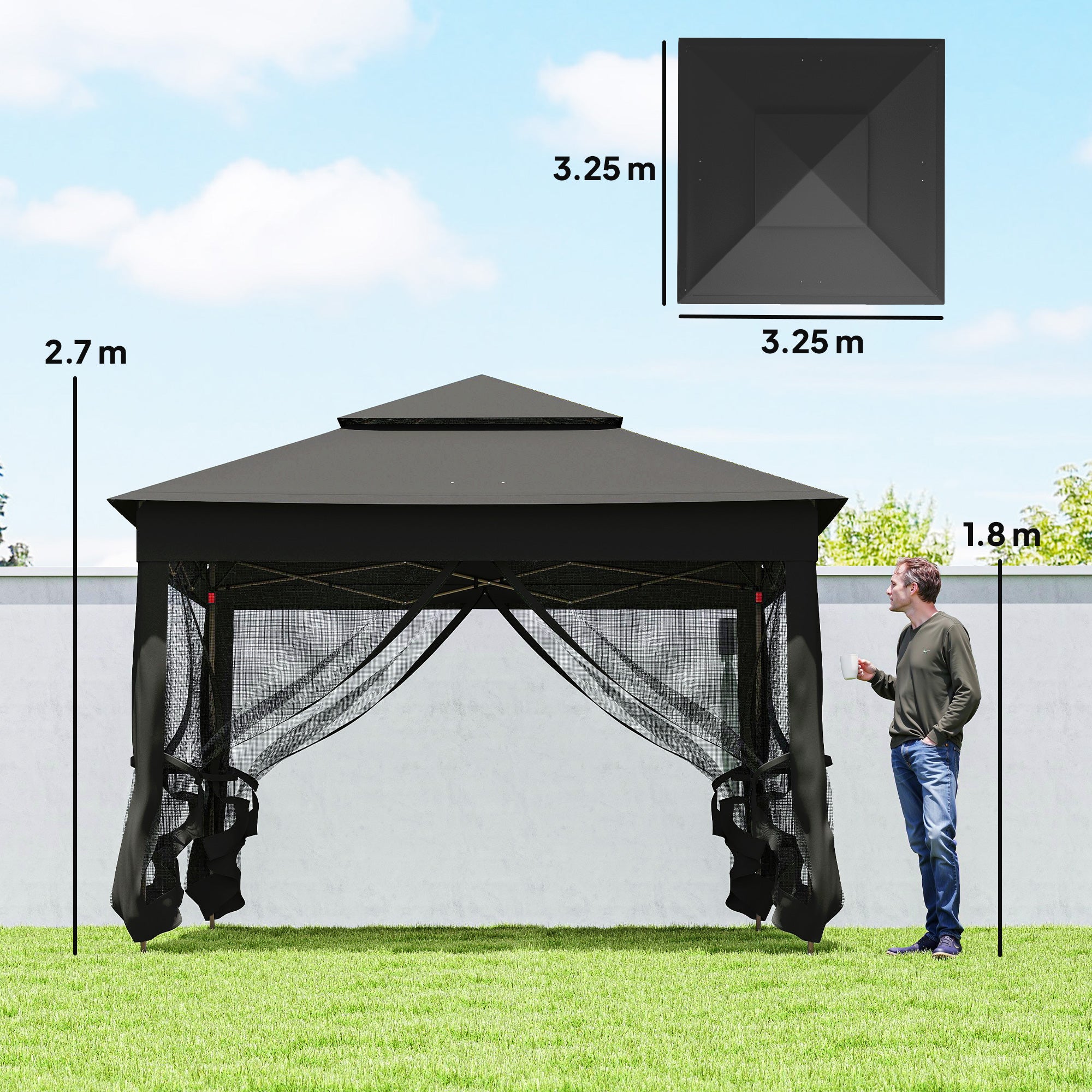3 x 3(m) Pop Up Gazebo, Double-roof Garden Tent with Netting and Carry Bag, Party Event Shelter, Black