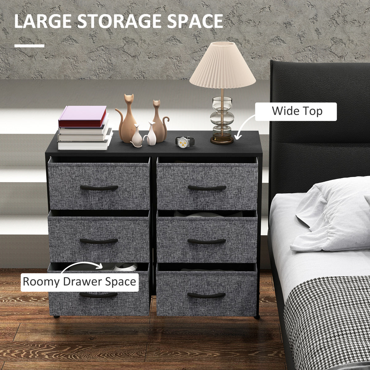 Industrial Fabric Chest of Drawers with 6 Storage Drawers, Steel Frame & Wooden Top - Black
