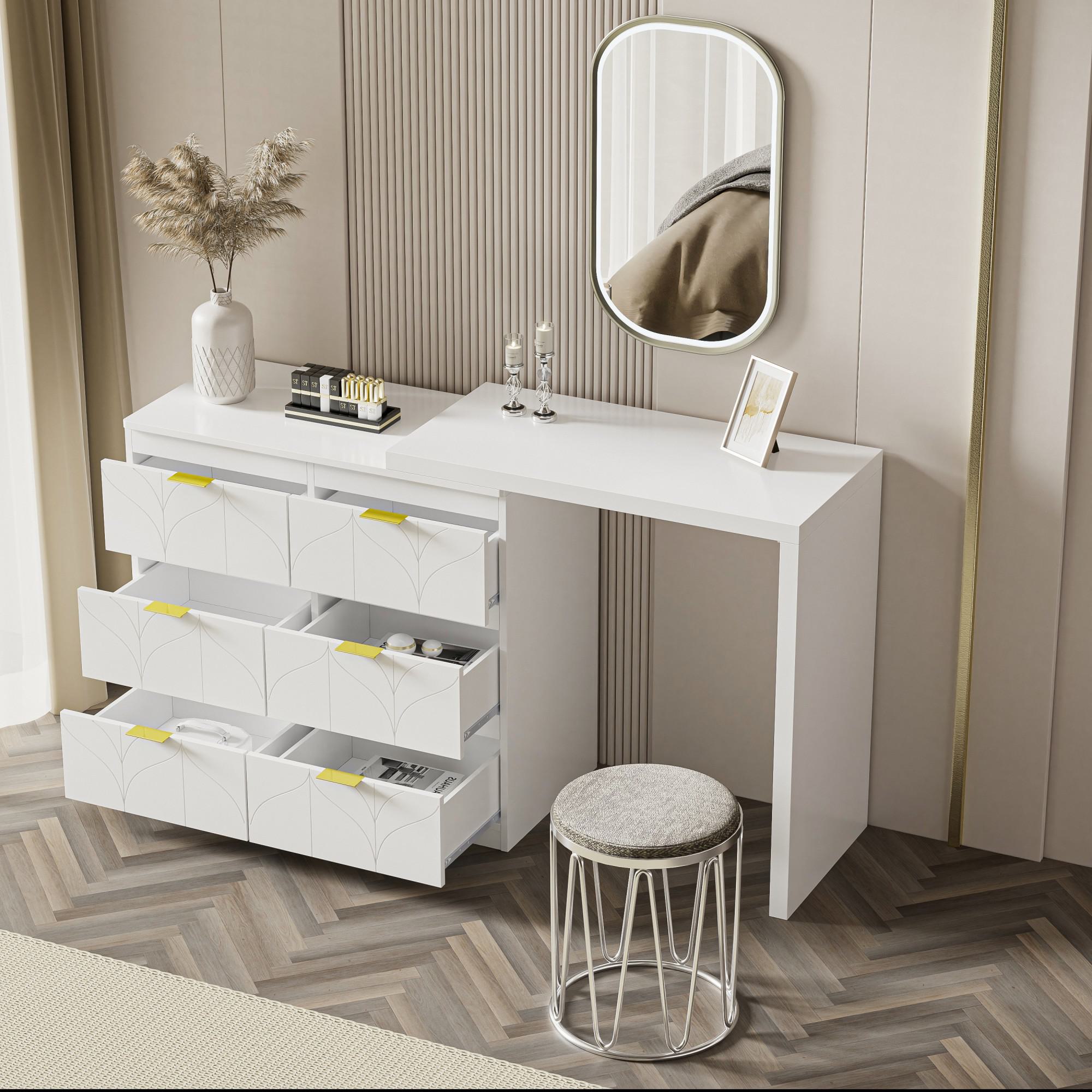 Elegant Dressing Table with 180° Rotating Top and 6 Silent Drawers - White