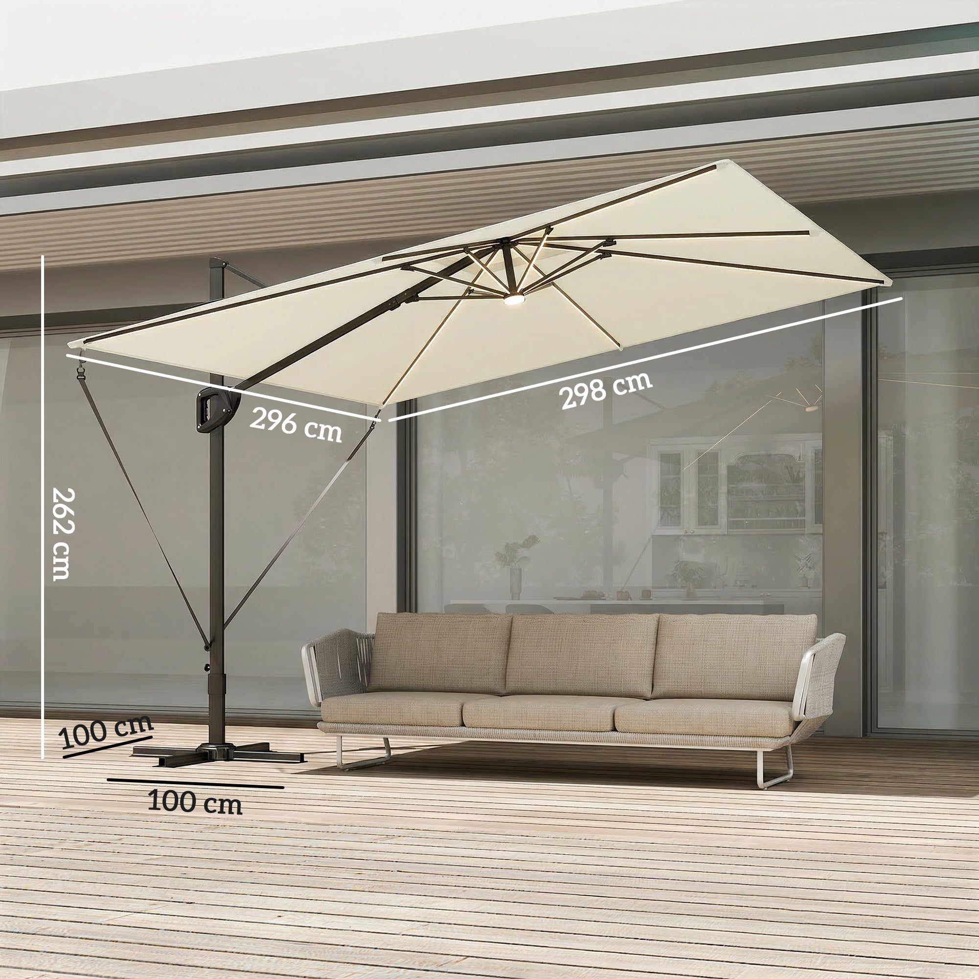 3 x 3 m Garden Cantilever Parasol w/ Light, Cover, UPF50+ Patio Umbrella w/ Wind Protection, 360° Rotation, Cream White
