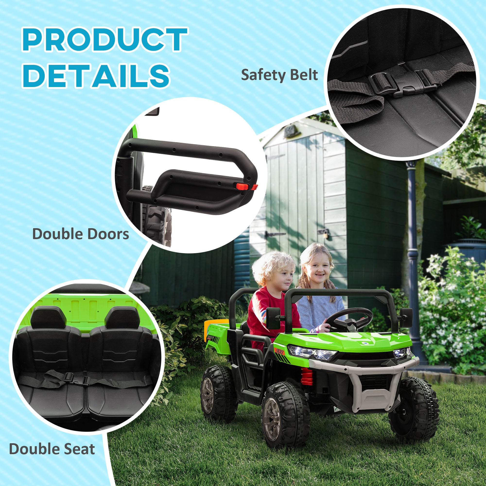 12V 2-Seater Kids Electric Ride-On Car with Remote Control and Electric Bucket - Green