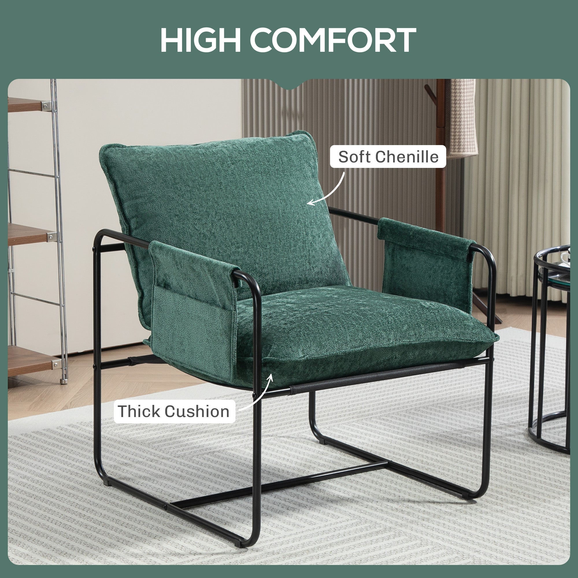 Minimal Padded Accent Chair with Side Pockets - Green