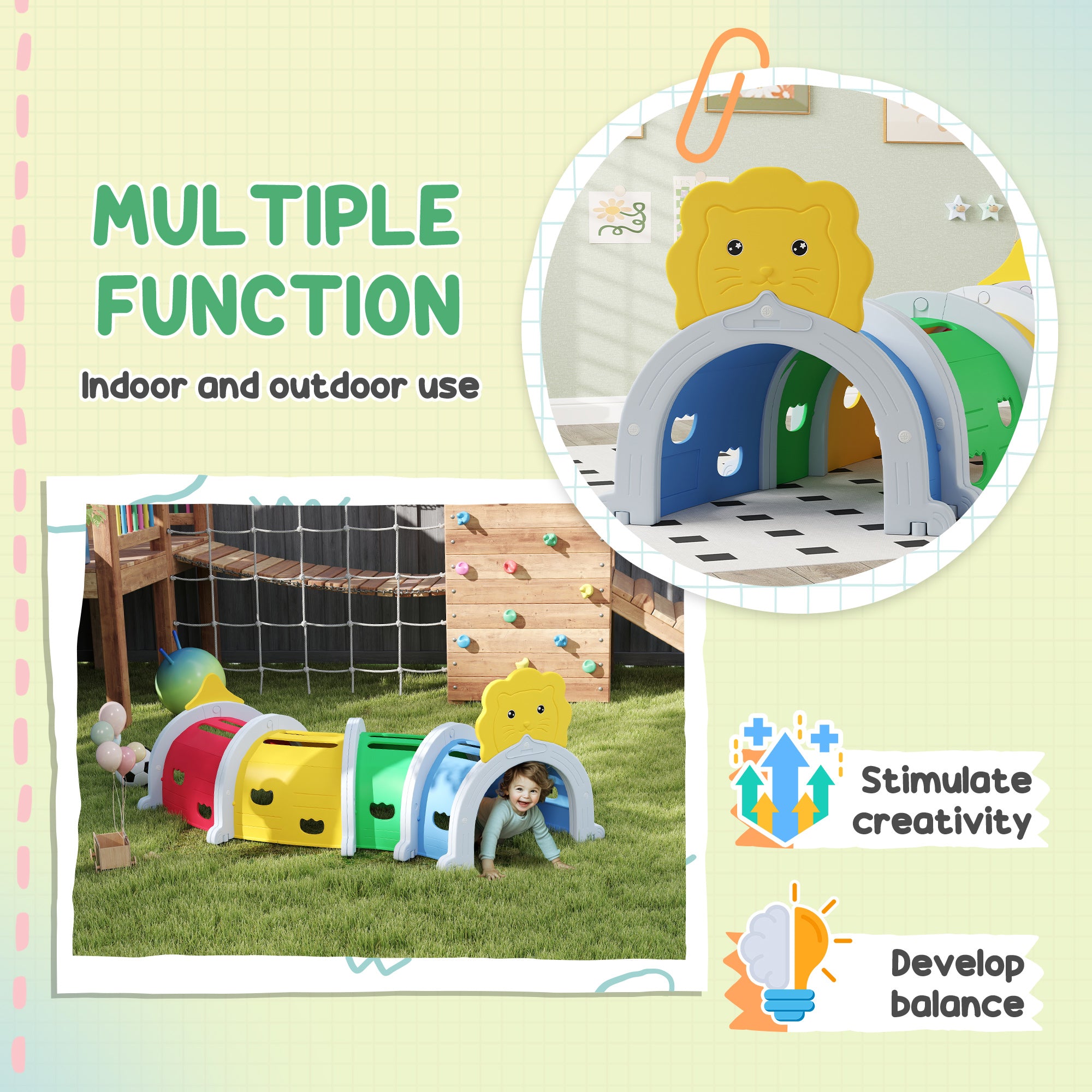 Kids Play Tunnel for 3-6 Years Crawl and Climb, Lion Design, Indoor & Outdoor