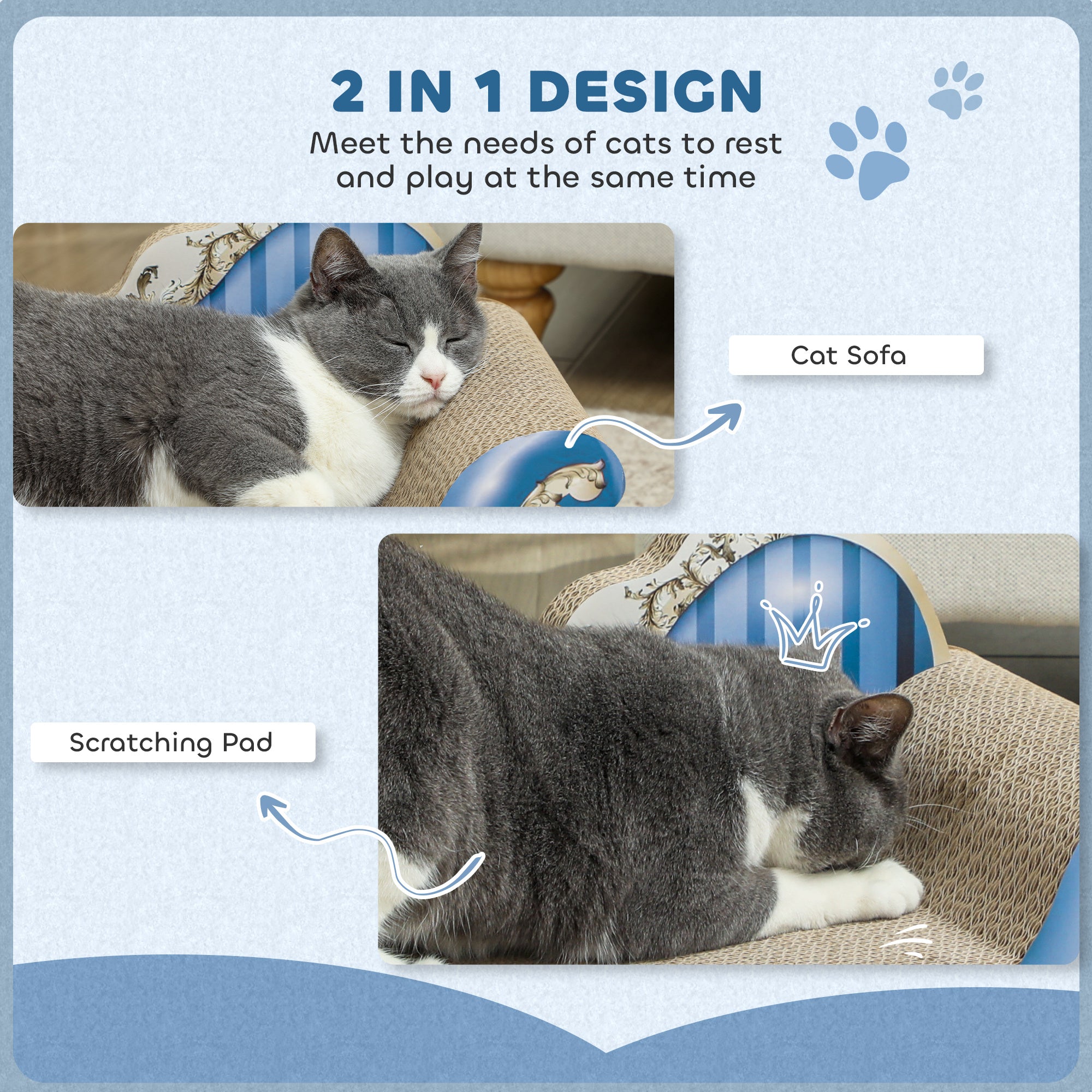 2-in-1 Cat Scratching Board with Catnip for Indoor Cats 26.5x57x26.5cm - Blue