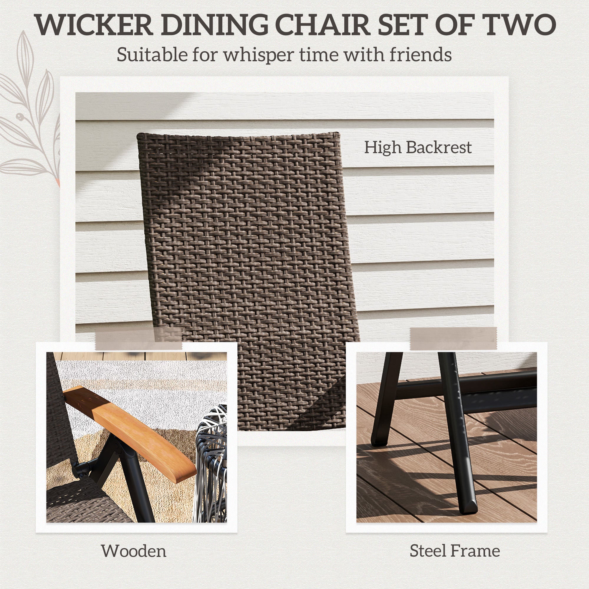 2 Pieces Outdoor Foldable Dining Chair with Armrests, High Backrest, for Garden, Camping, Balcony, Brown