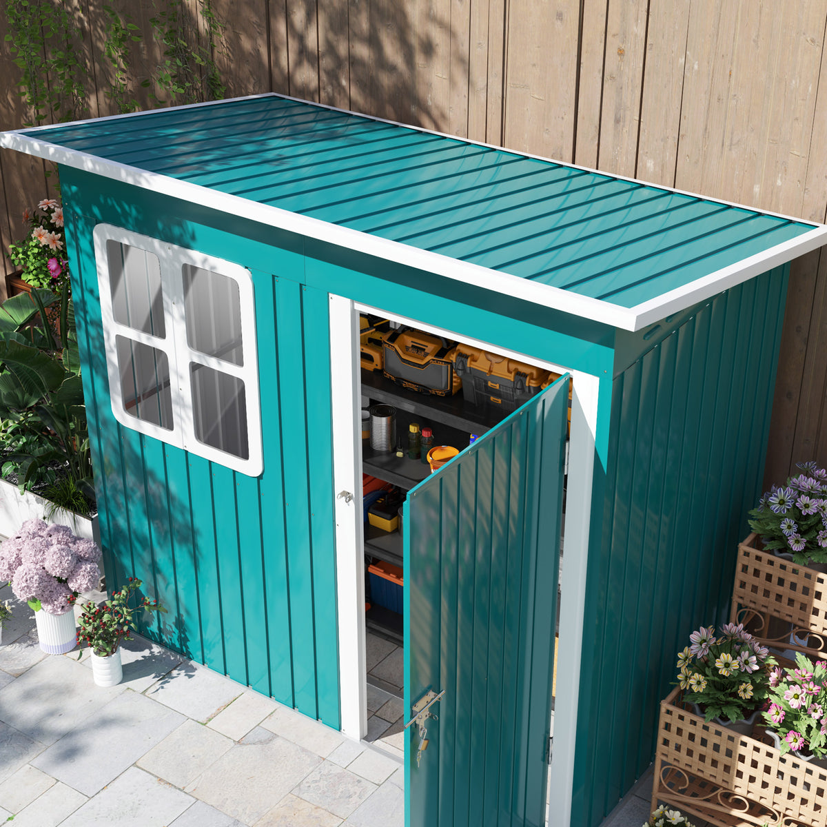 7 x 4ft Galvanised Steel Garden Shed with Lock and Window - Green
