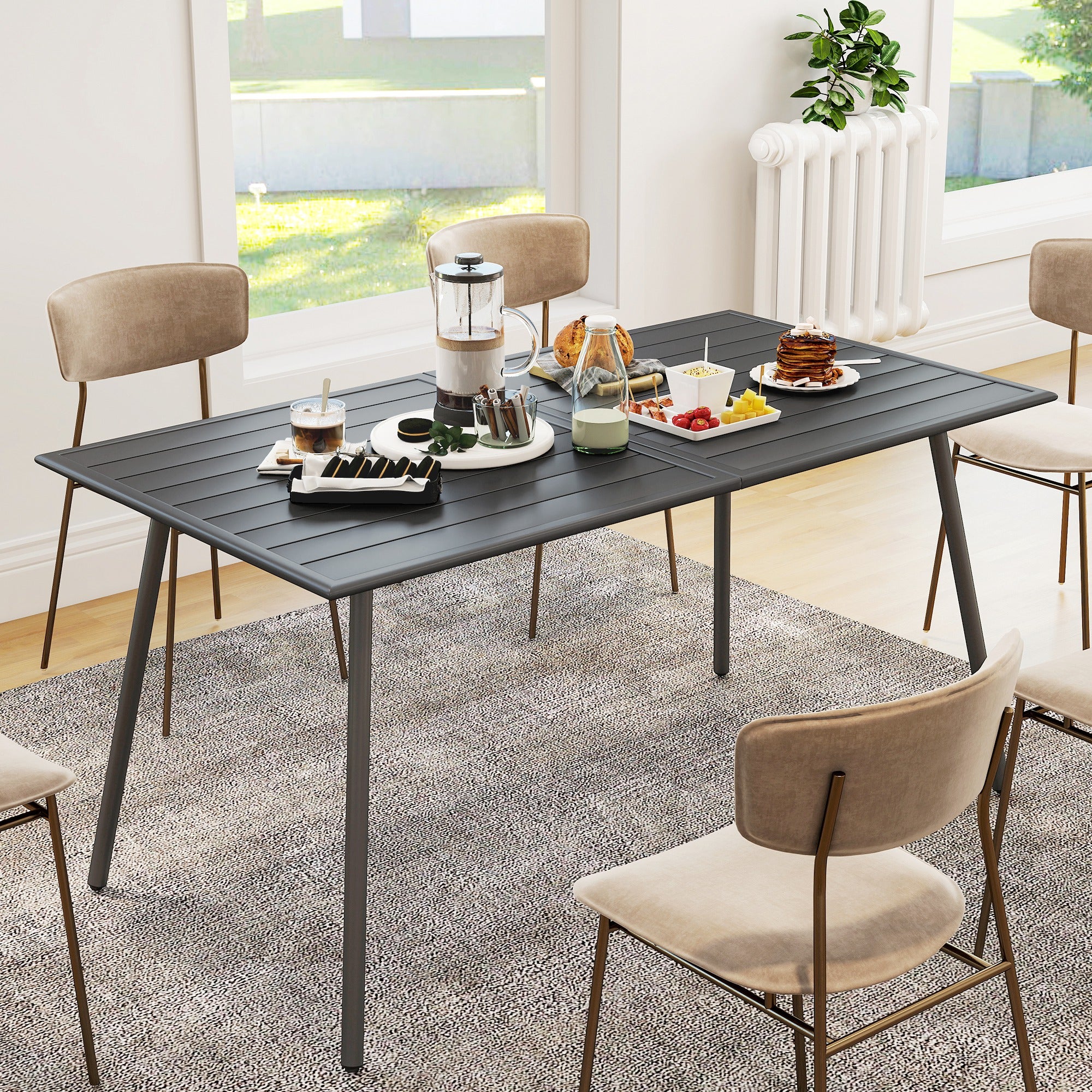 Rectangle Garden Table with Slat Top, Steel Frame, Outdoor Table for 6 Person, 150 x 80 x 74 cm, Grey