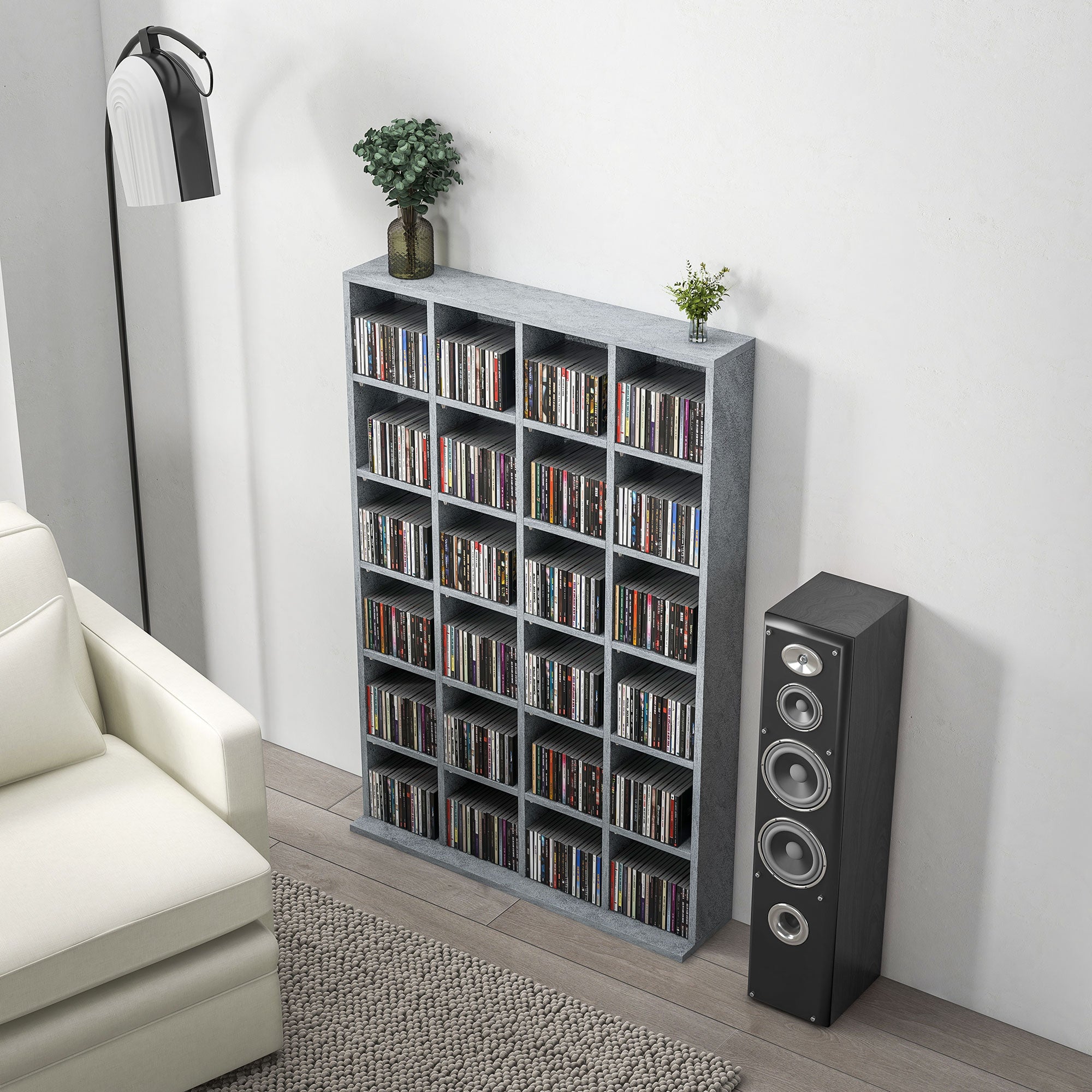 CD Storage Unit with Adjustable Shelves, 89 x 130.5 cm, Cement Grey