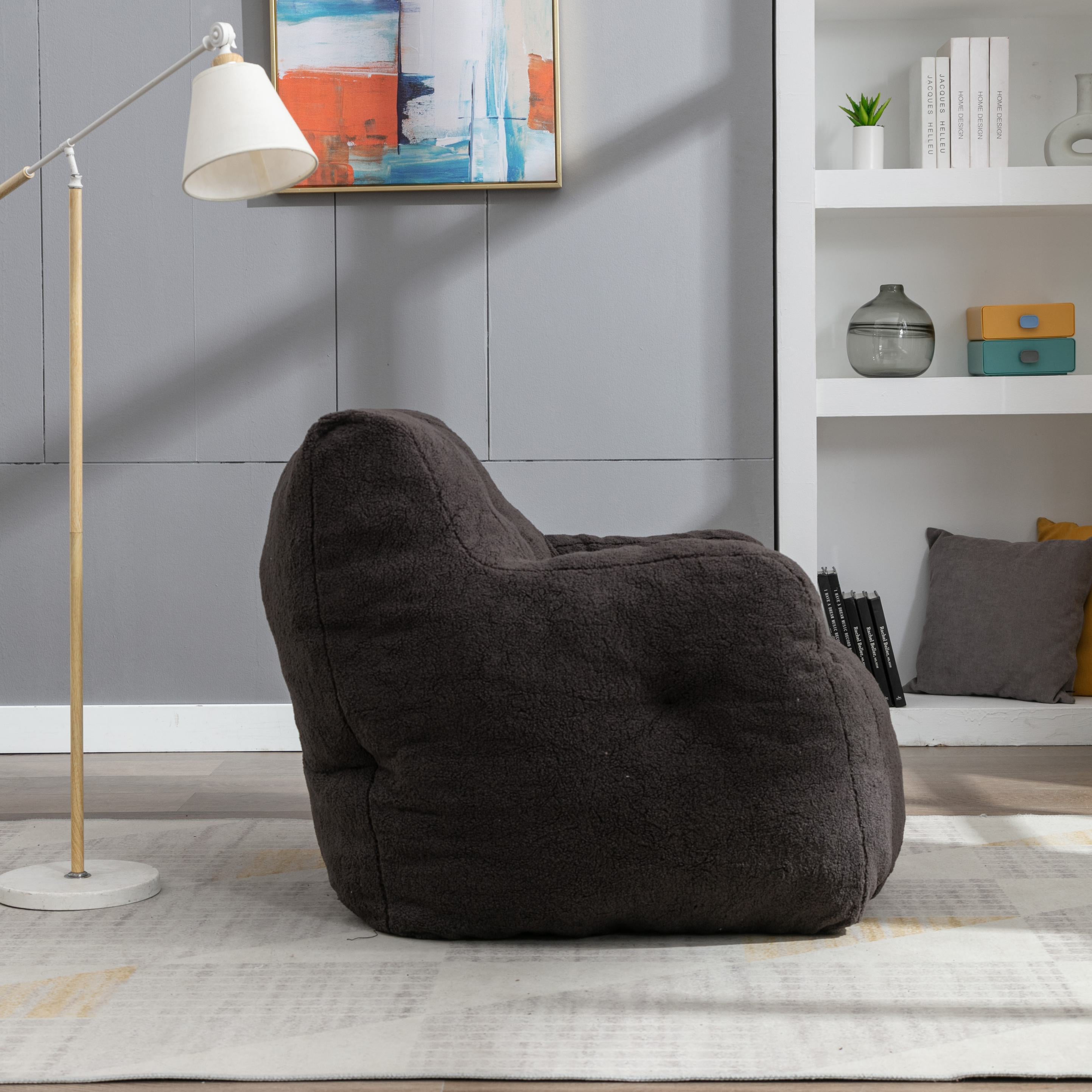Soft Tufted Foam Bean Bag Armchair with Teddy Fabric, Recliner Sofa with Ergonomic Backrest, 100L x 94W x 70H cm, Dark Gray